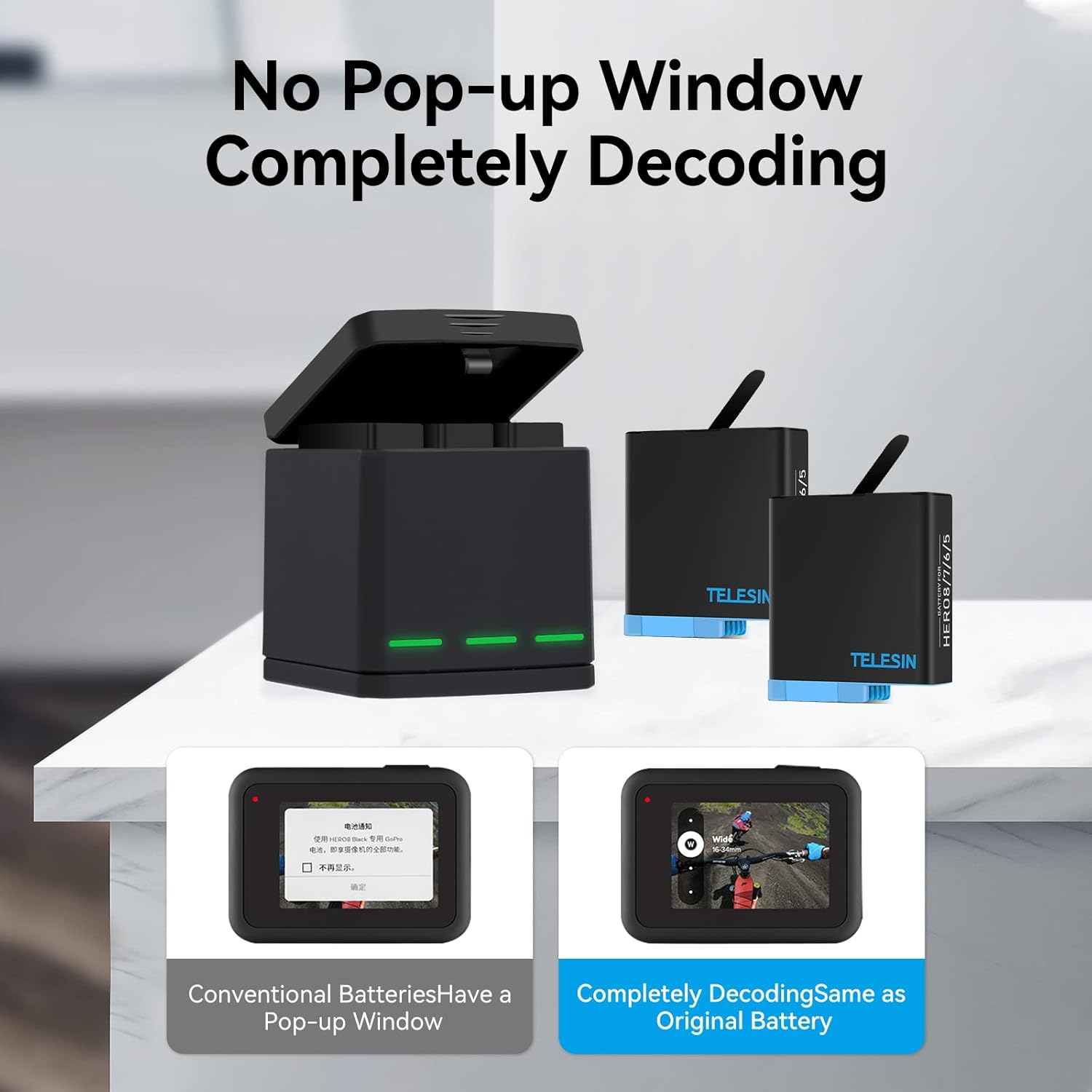 TELESIN 2-Pack Batteries and Triple Charger for Gopro Hero 8 Hero 7 Black Hero 6 Hero 5 Black Hero Camera, with Go Pro Small Carry Case, 2 Battery Case(Fully Compatible with Original) image number 2