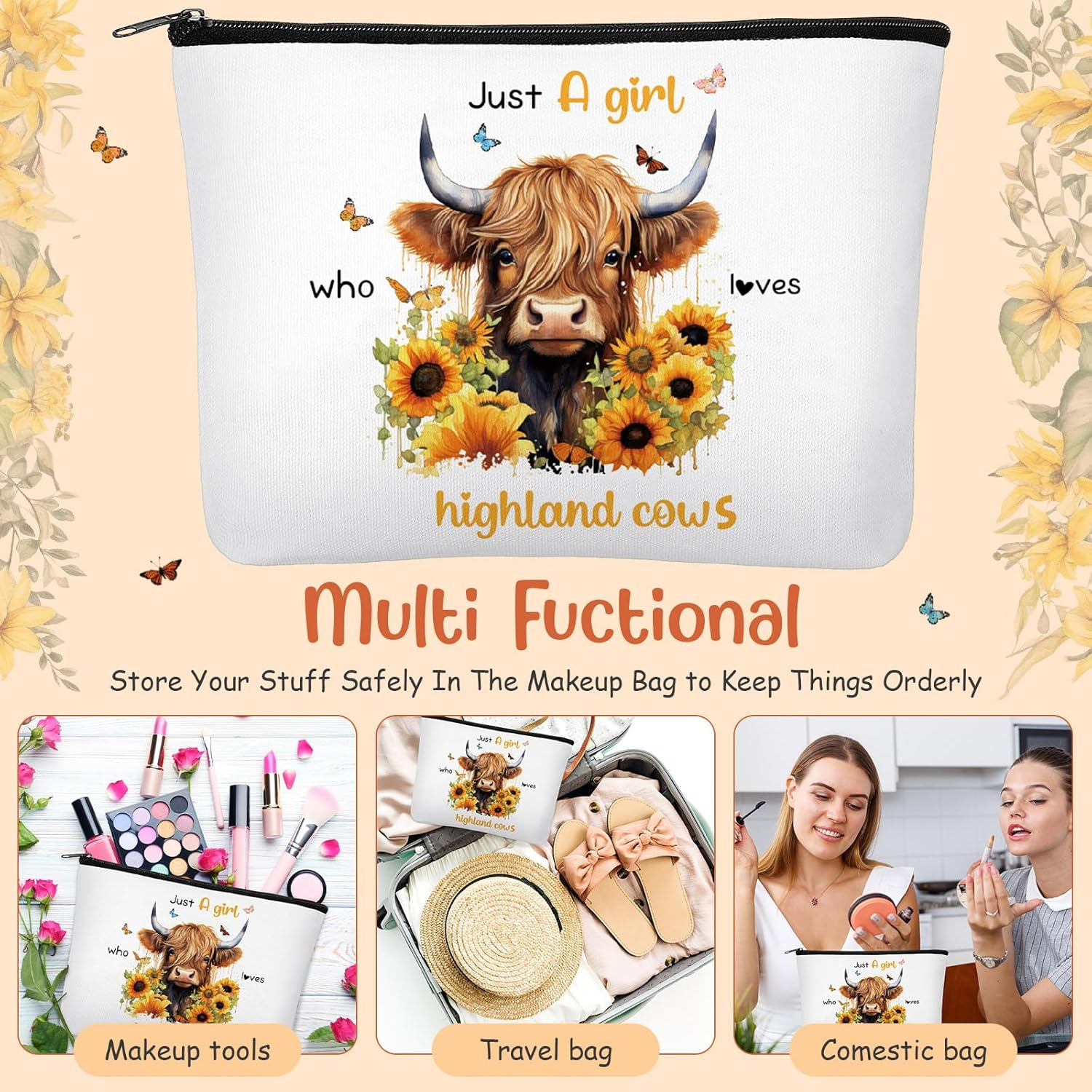 Xuniea 3 Pcs Highland Cow Gift Set for Women Cow Lover Highland Keyring Cattle Makeup Bag Cotton Socks Just a Girl Who Loves Gifts Cute Animal Themed Party Supplies for Birthday Graduation image number 6