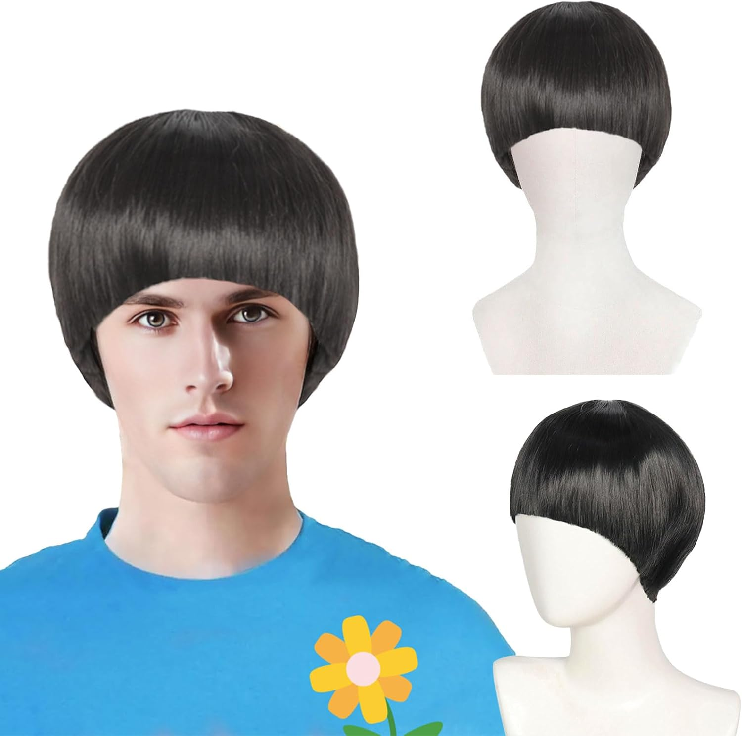 FOUNSHO Short Black Straight Wig for Men Women, Short Mushroom Wig with Full Bang Funny Bowl Cut Hairstyle, Men'S 60S 70S 80S Hair Costume Movie Role Play Fancy Dress Cosplay Party Halloween (Black) image number 3
