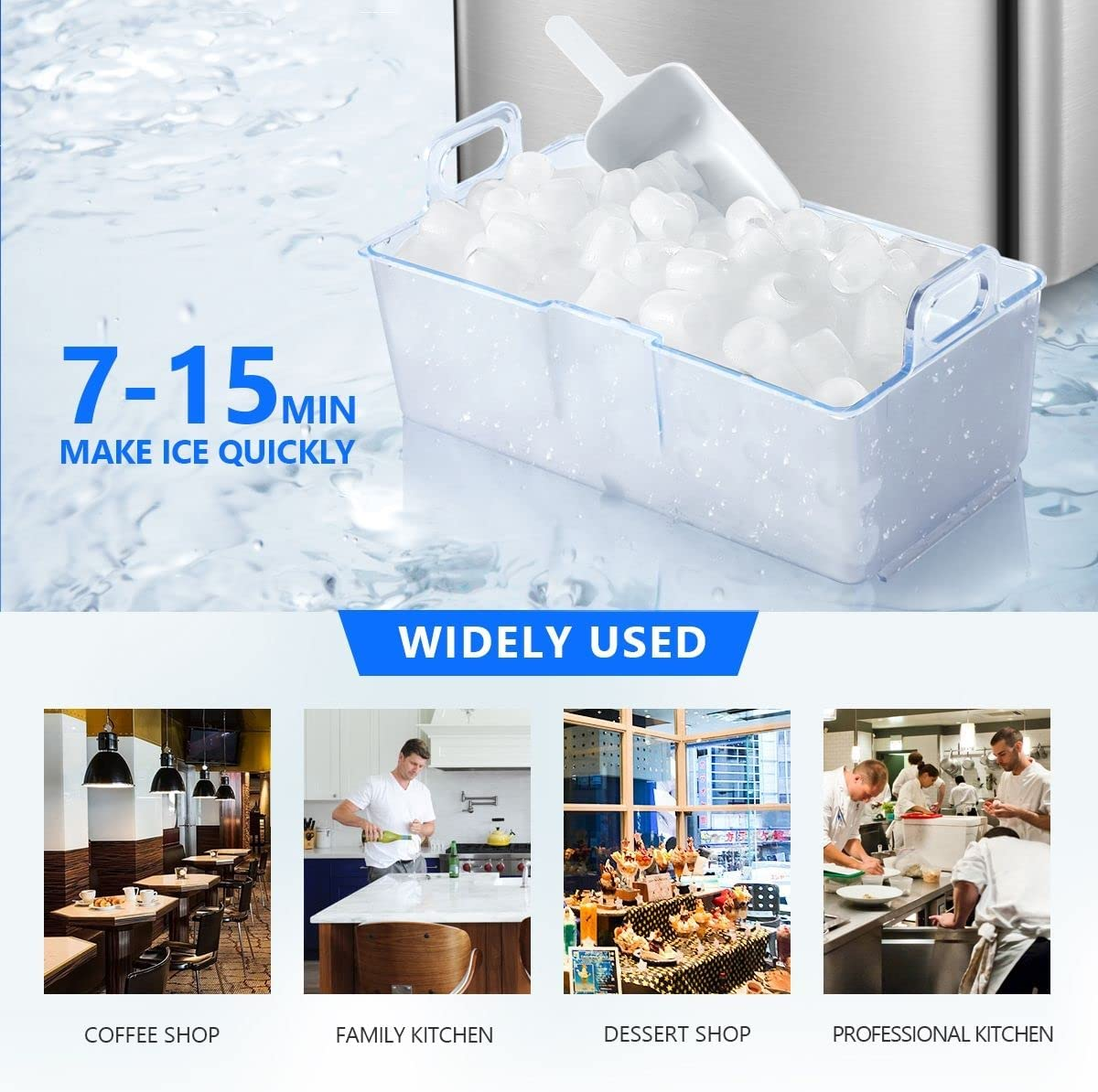 Maxkon Portable Ice Makers Make 27Kg Ice in 24 Hrs,Ice Cube Rready in 7-15 Mins, 4.5L Ice Machine with Ice Scoop, 3 Sizes of Bullet Ice for Home Commercial Benchtop Fast Freezer, 4.5L/27Kg-Silver image number 5