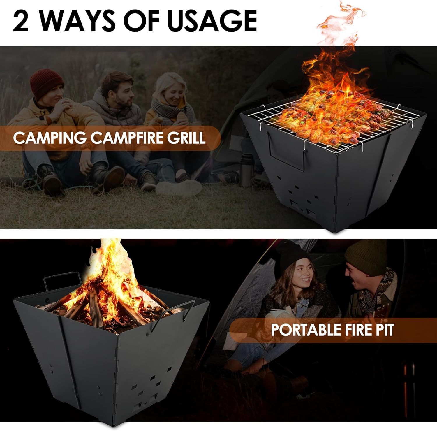 Portable Camping Fire Pit with Top Grill, 2 in 1 Small Folding Wood Burning Camping Campfire Grill with Carry Bag for Outdoor Cooking, Bonfire, Patio, Backyard image number 4