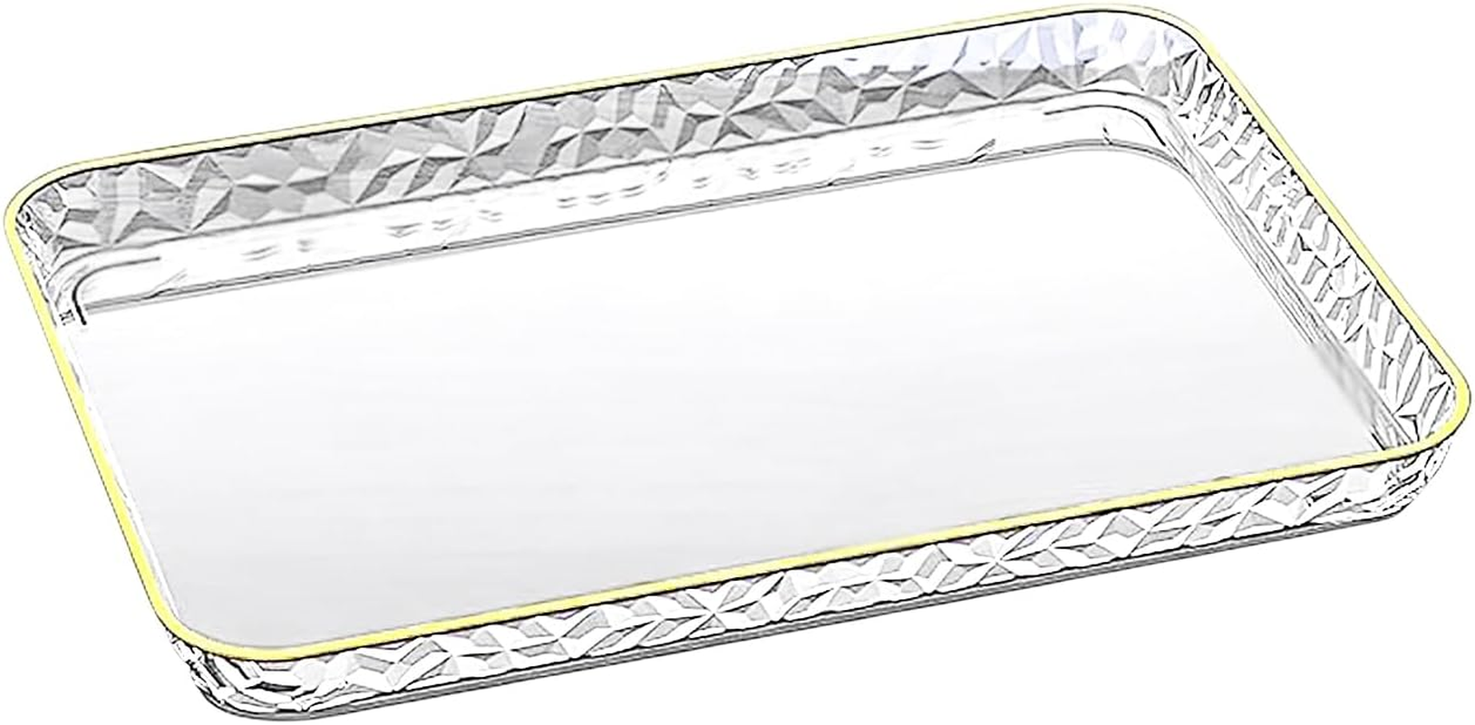 Fkereg Rectangular Food Serving Tray with Raised Gold Embossed Rim, 37 X 25.7 Cm Reusable Plastic Party Platters Plates, Decorative Fast Food Cafeteria Tray for Tea Fruits Desserts Appetizer, White
