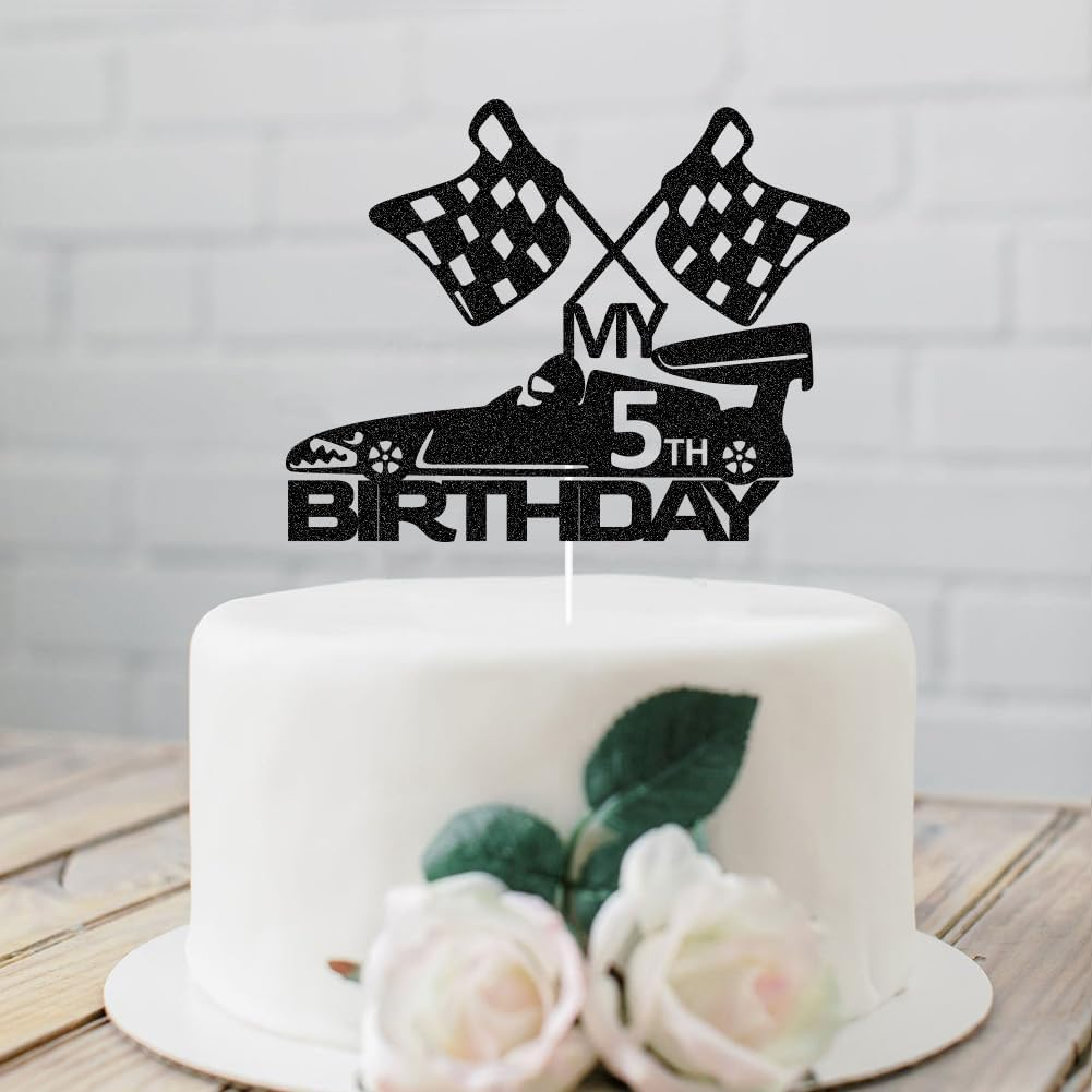SWEETTALA Racing Car 5Th Cake Topper for Race Car Checkered Flag Themed Kids Boy Girl 5 Years Old Birthday Party Decorations Black Glitter (My 5Th Birthday) image number 4