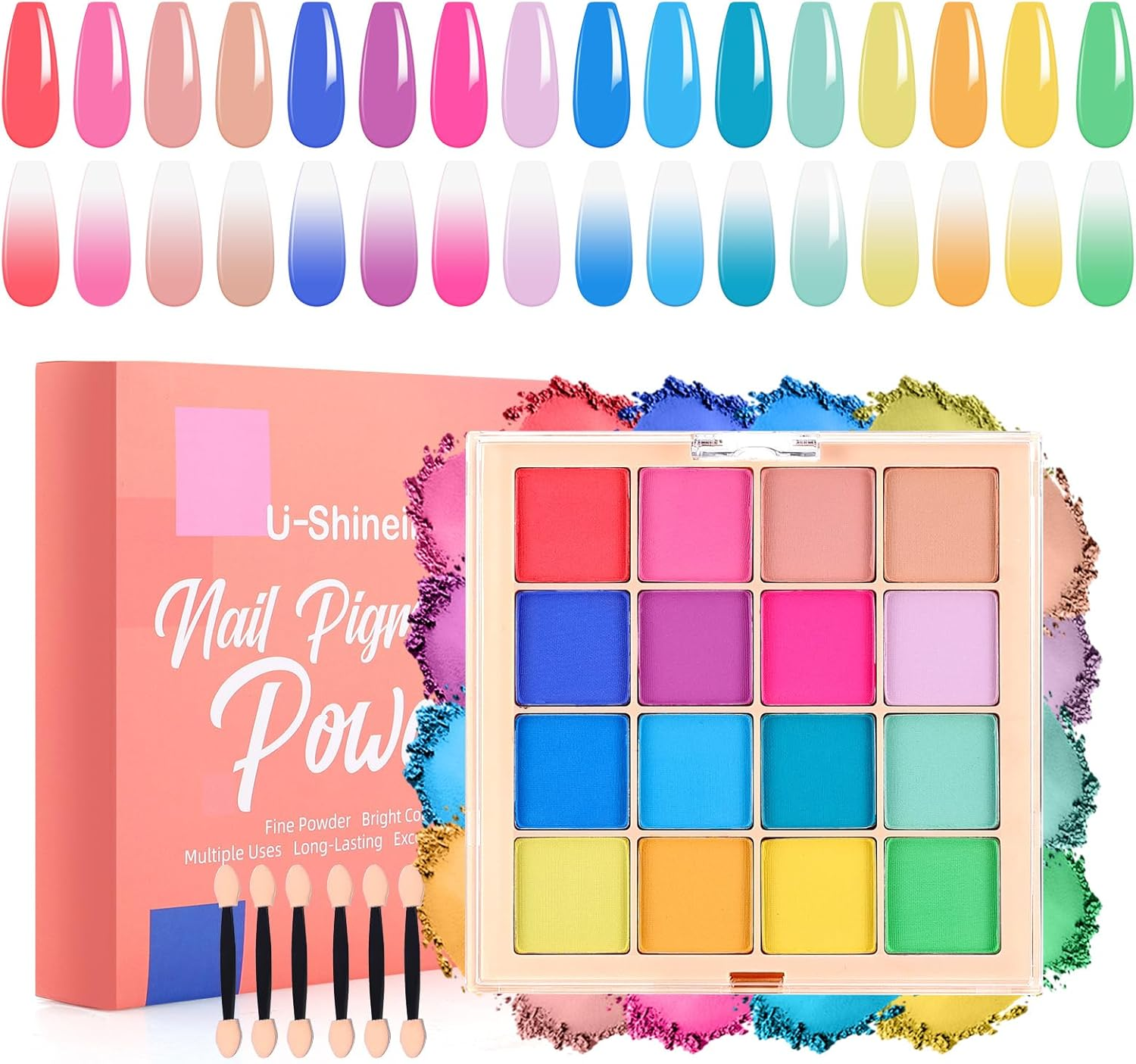 U-Shinein Nail Pigment Powder Palette Set, 16 Colors Ombre Nail Powder Palette French Aura Nails Ombre Nail Brush Nail Long-Lasting Manicure Art DIY Accessories (A)