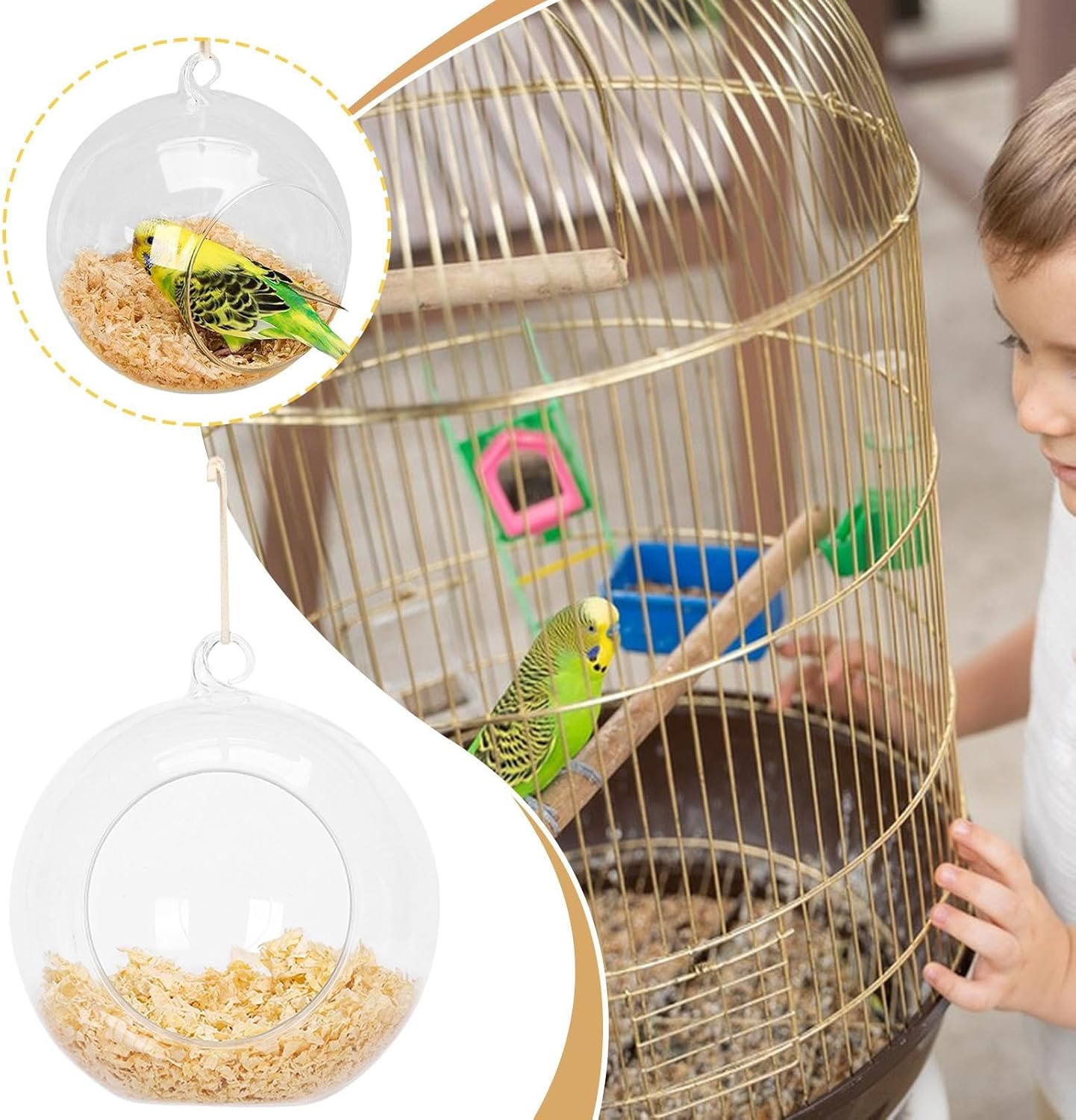 Bird House for Cage | Hangable Parrot House - Hangable round Swing Bed with Wood Chips Clear Washable for Breeding Canary Parakeet Finch Outdoor Garden Tree image number 1