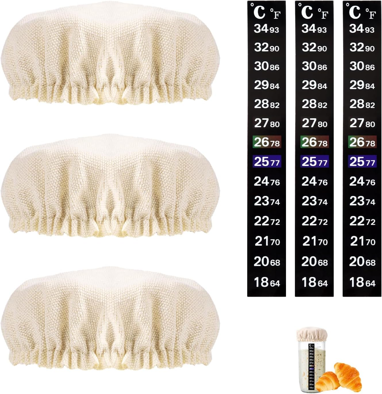 3 Sets Replacement Sourdough Starter Set for Jars, Including Fabrics Sourdough Jar Lid and Thermometer Strips Bread Rice Lid for 7.5-10.2Cm Potmond Baking Supplies for Bread Fermentation image number 4