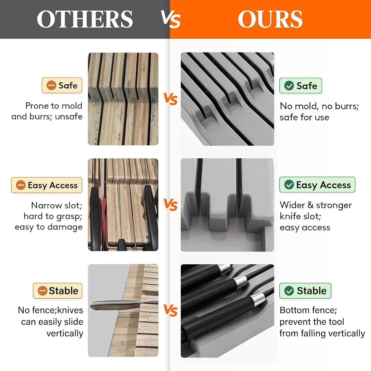 In-Drawer Knife Block, 2 Tier Knife Drawer Organizer for Kitchen, Knife Holder Drawer Insert with 9 Slots, Kitchen Organisation & Drawer Storage for Kitchen Countertops, Drawers image number 5