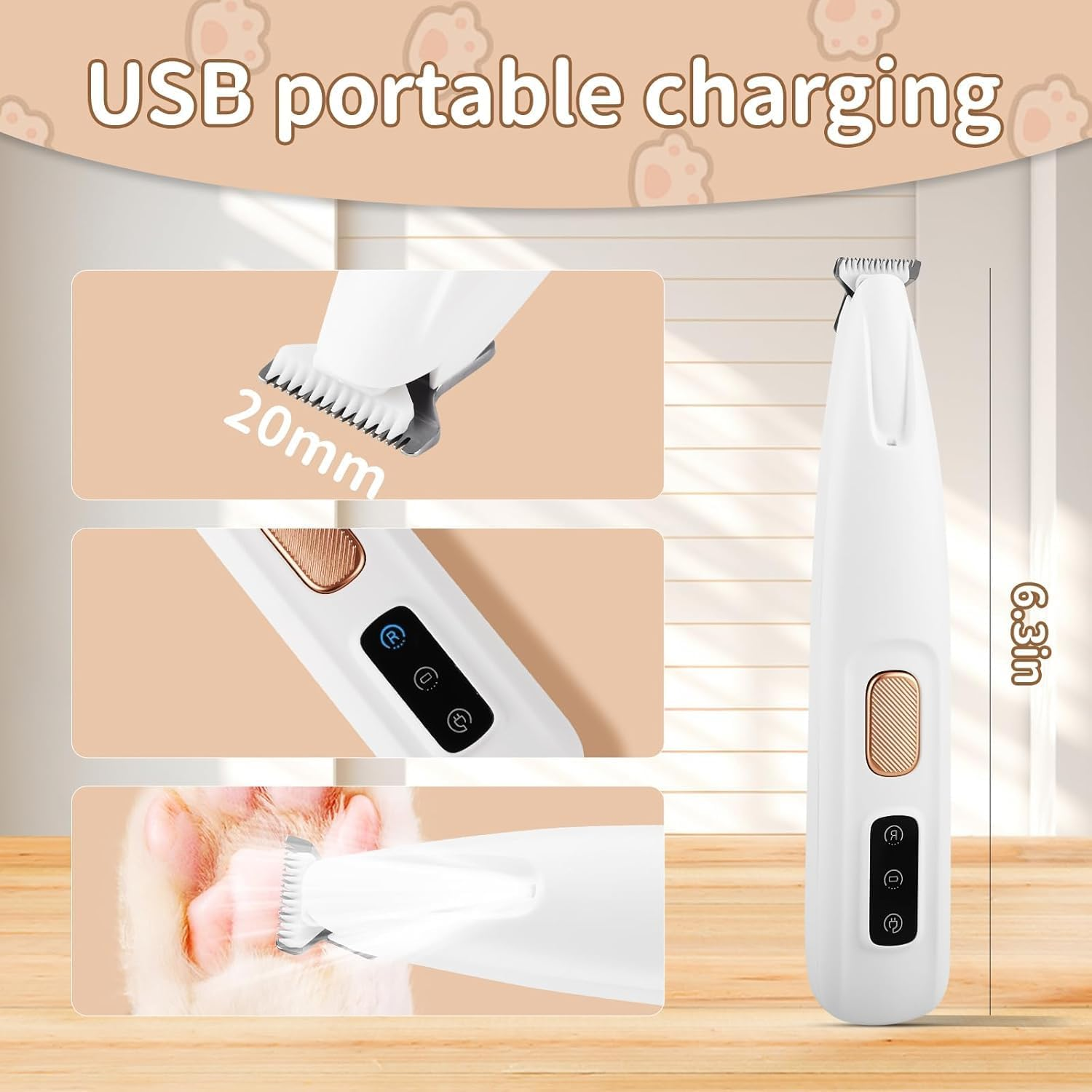 Dog Paw Trimmer, Electric Dog Trimmer, Multifunctional Pet Hair Clippers Dog Paw Trimmer for Grooming, 35Db Ultra-Low Noise Waterproof Dog Trimmers with Light, Suitable for Cats and Dogs image number 3