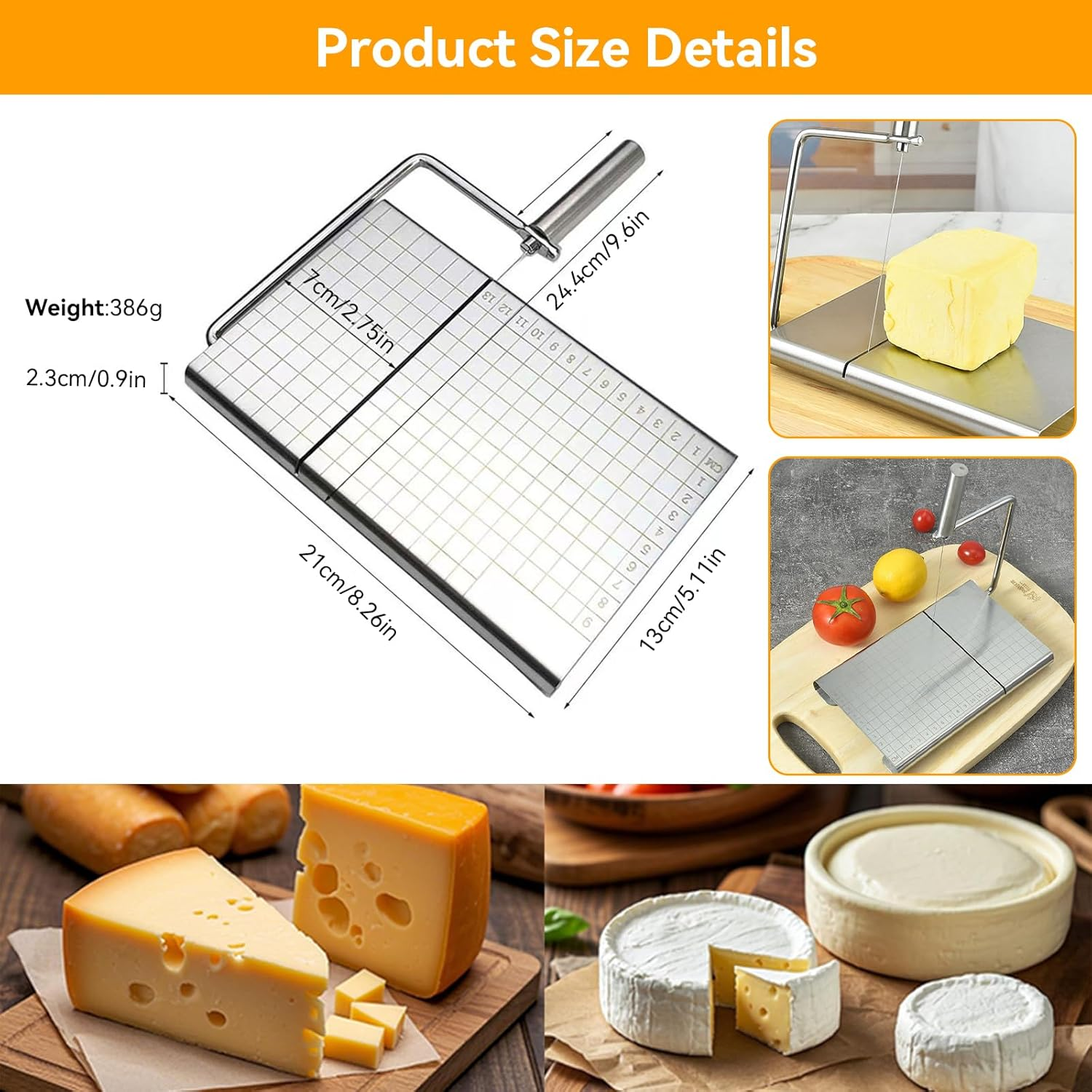 Aymorder Stainless Steel Cheese Cutter with 5 Extra Wires, Adjustable Slicer, Non-Slip Food Cutter for Cheese, Butter, Cake, Sausage (Silver)