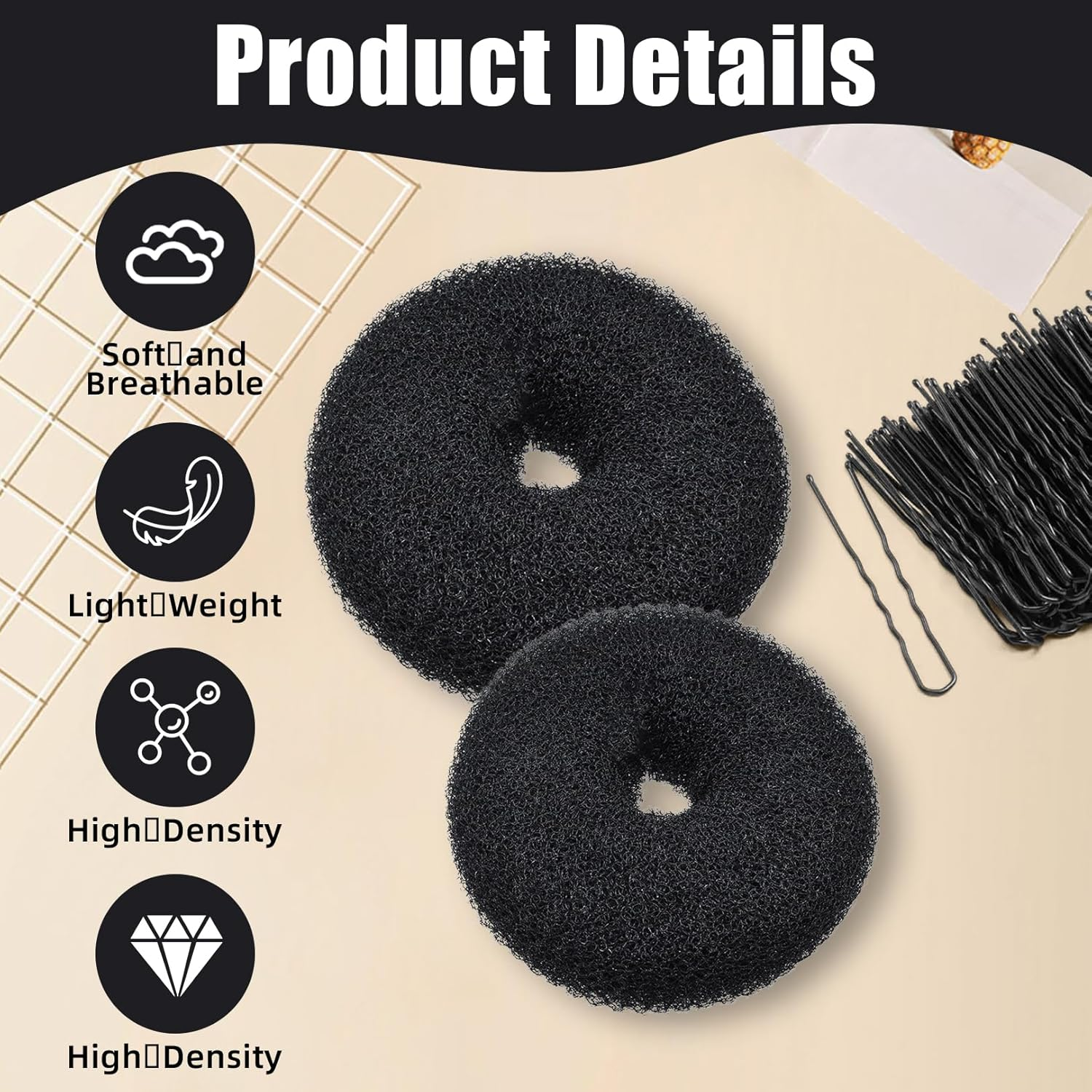 Pack of 14 Bun Cushions, Small Hair Bun Maker, Rings Bun Donut Bun, Hair Styling Hair Bun Scrunchie, Ballet for Hair Bun Cushion, Hair Clips Girls, Women Hairstyle Aid, Black Doughnut Set image number 1