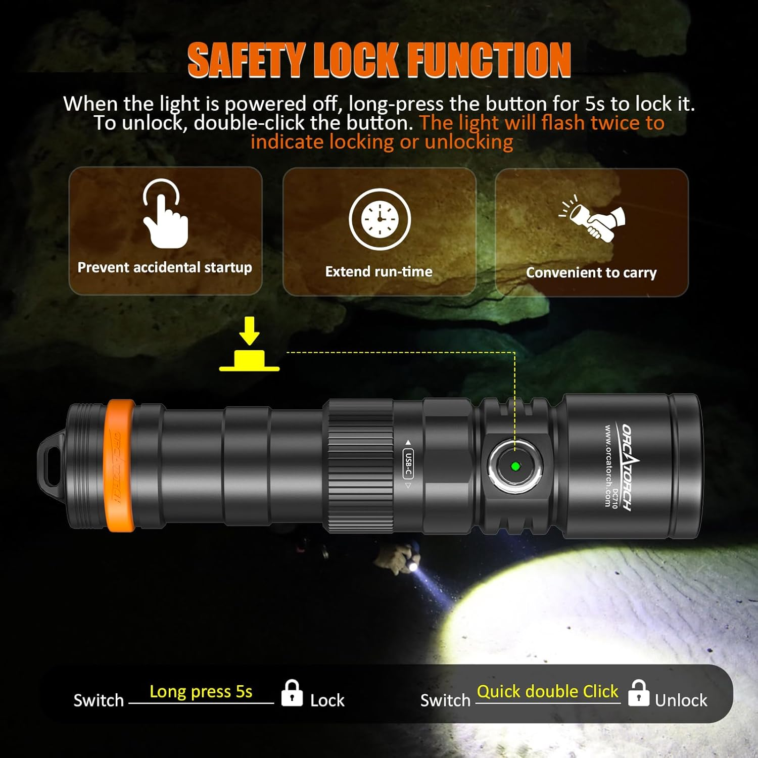 ORCATORCH DC710 Scuba Dive Light Type C Rechargeable, 3000 Lumens Super Bright Underwater Flashlight, IP68 Waterproof Submersible Torch with WS02 Wrist Strap Mount for Hands-Free Diving image number 3