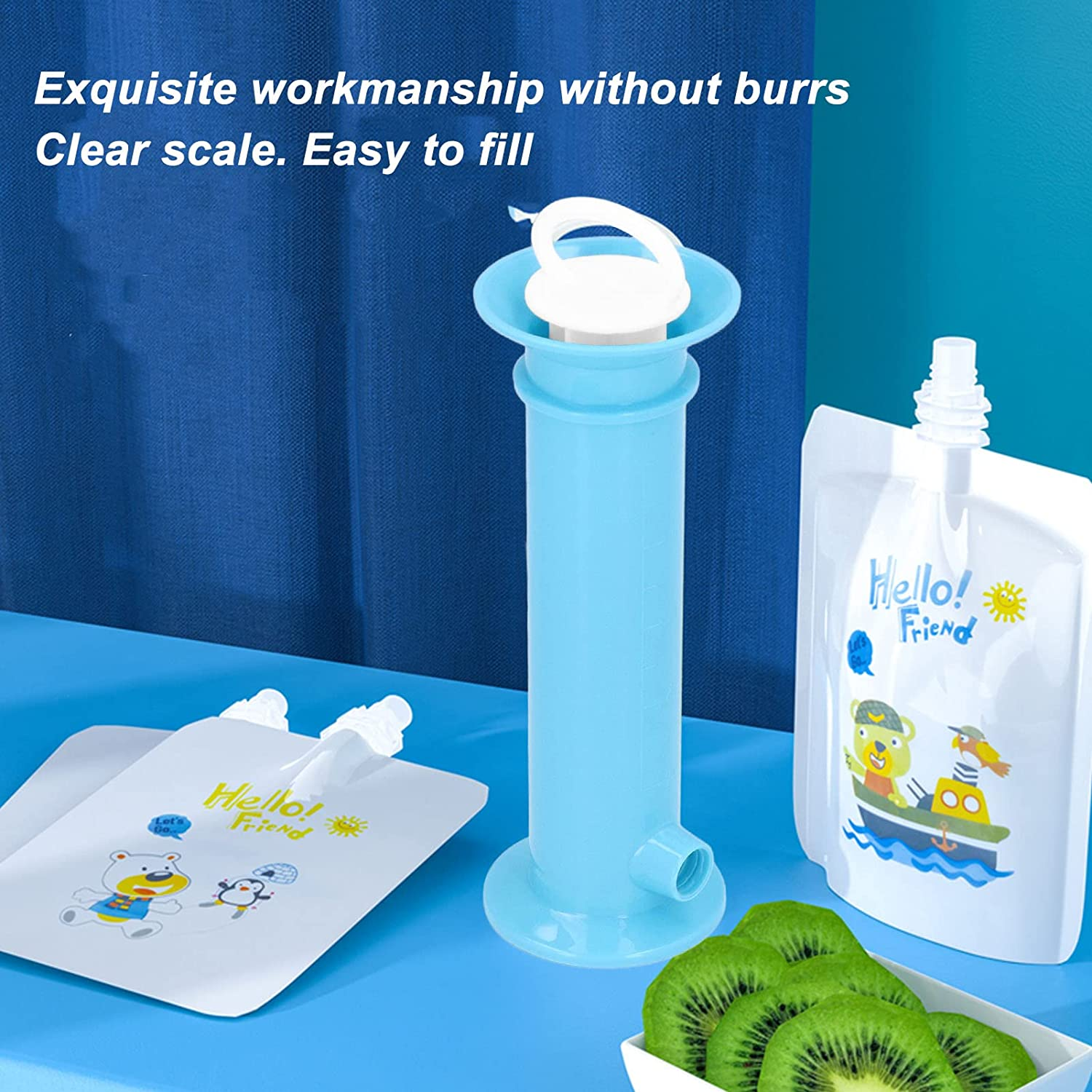 Squeeze Station, Reusable Pouch Filling Station with 6 Pouches for Infant, Babies and Toddlers, Portable Fruit Juice Food Maker for Homemade Baby Food, Semi Solid Food (Blue) image number 5