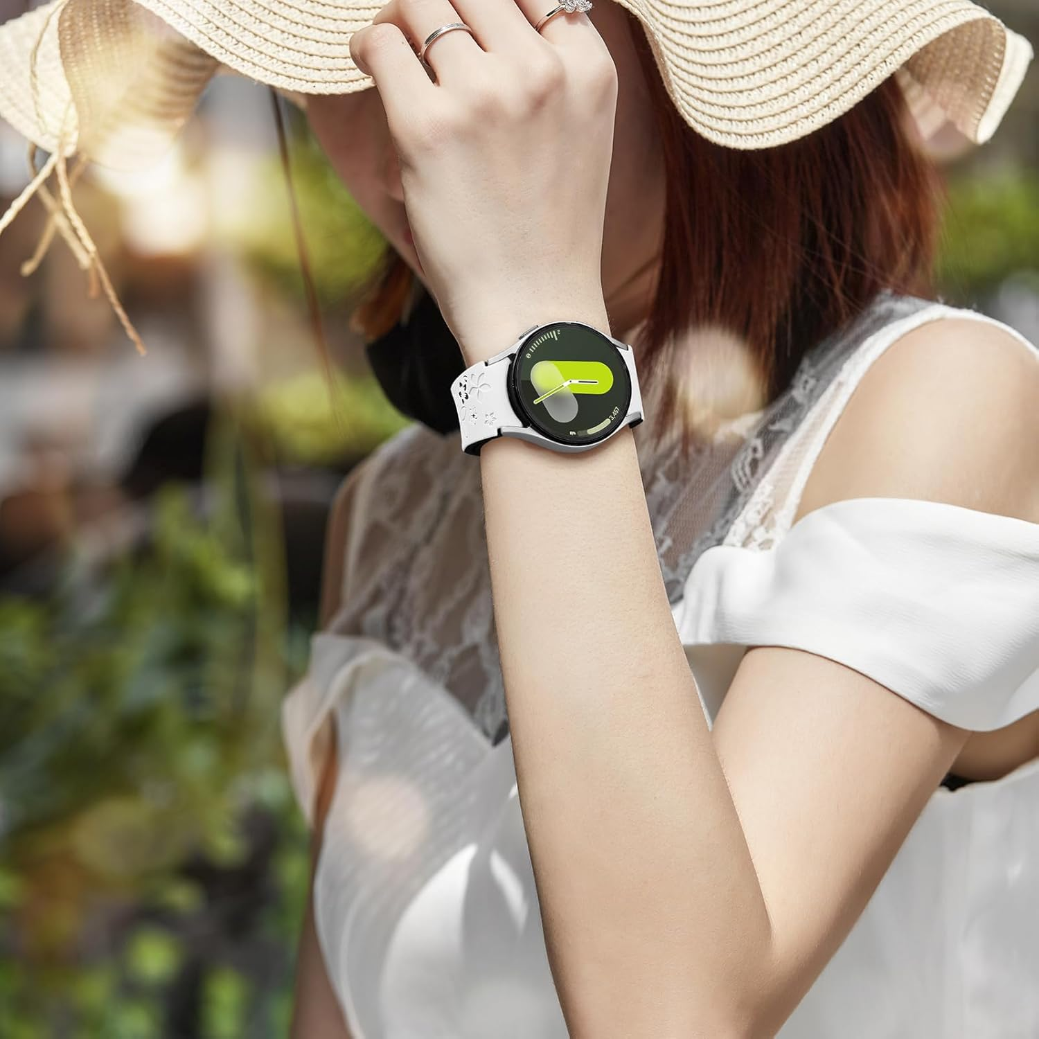 Flower Engraved Straps for Samsung Galaxy Watch 7/6/5/4/FE 40Mm 44Mm/Galaxy Watch 6/4 Classic Bands 47Mm 43Mm 46Mm 42Mm/Watch 5 Pro 45Mm Women,No Gap Band Silicone Cute Floral Armband Wristband - Black Orange image number 3