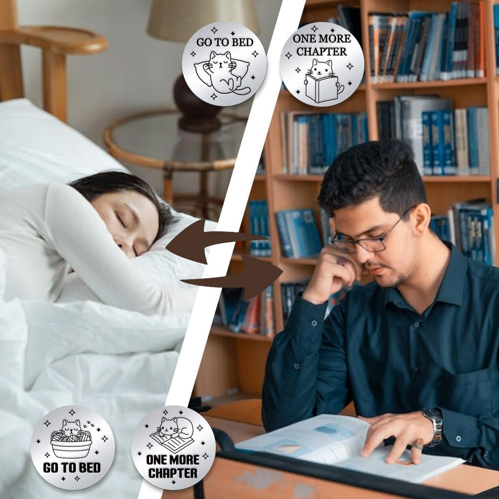 PH Pandahall 2Pcs Funny Destiny Flip Coins GO to Bed Decision Coin One More Chapter Challenge Coin Double-Sided Decision Coin Flip Coin for Game Book Lover Reader Teenager Men Women Birthday image number 6