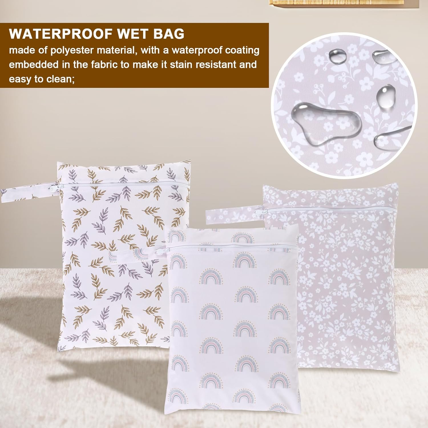3Pcs Waterproof Wet Bag, Wet Bag Storage Bag Washable Travel Bags with Zipper Closure, Reusable Baby Diaper Bag Organizing Pouches Wet Bag for Swimsuit, Towels, Wet Clothes, Beach, 14" X 11", Style 1, image number 4
