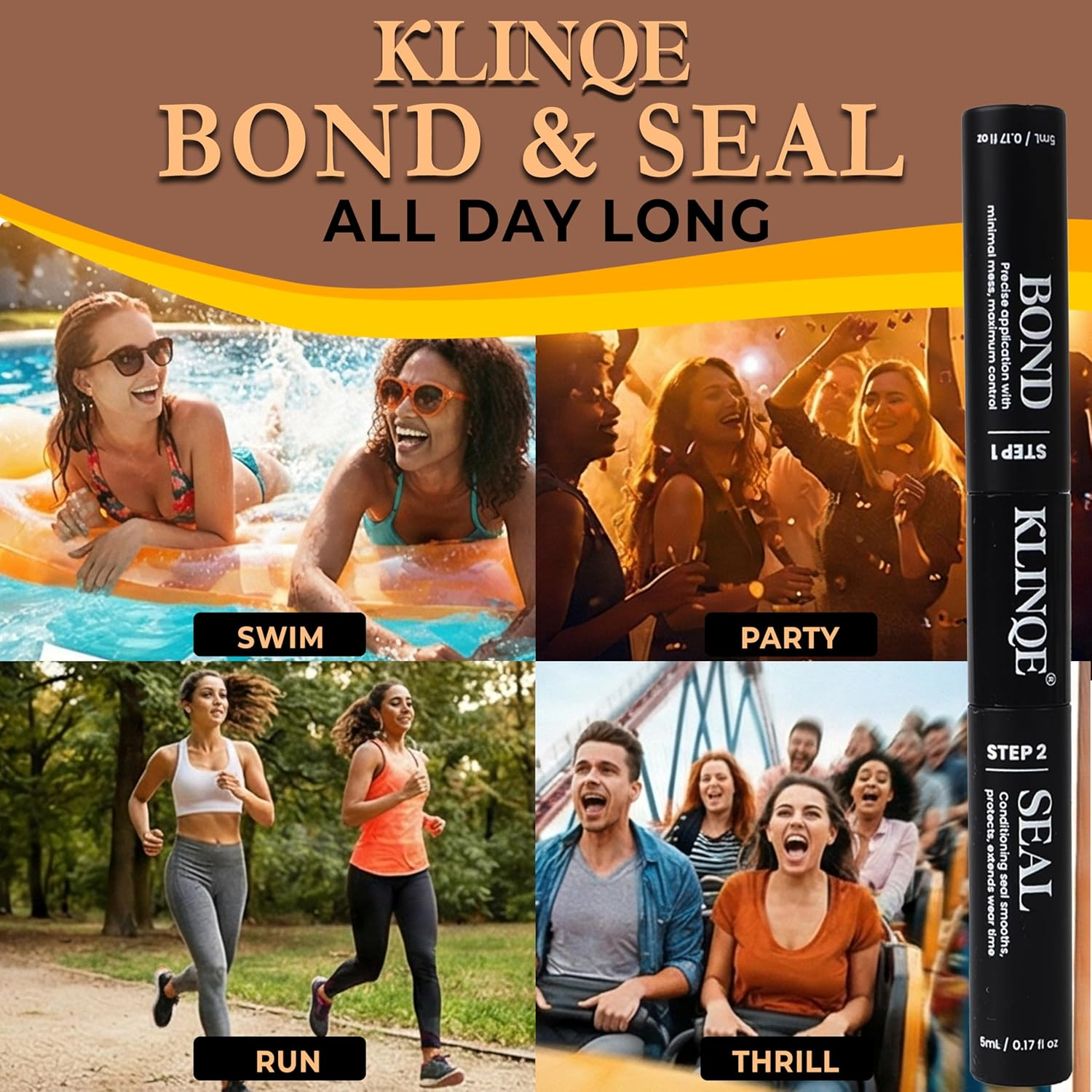 KLINQE Bond and Seal 2 in 1 Eyelash Glue &ndash; Waterproof, Long-Lasting Hold, Latex-Free Cluster Lash Adhesive for DIY Lash Extensions (Black Bond & Clear Seal, 10Ml) image number 5