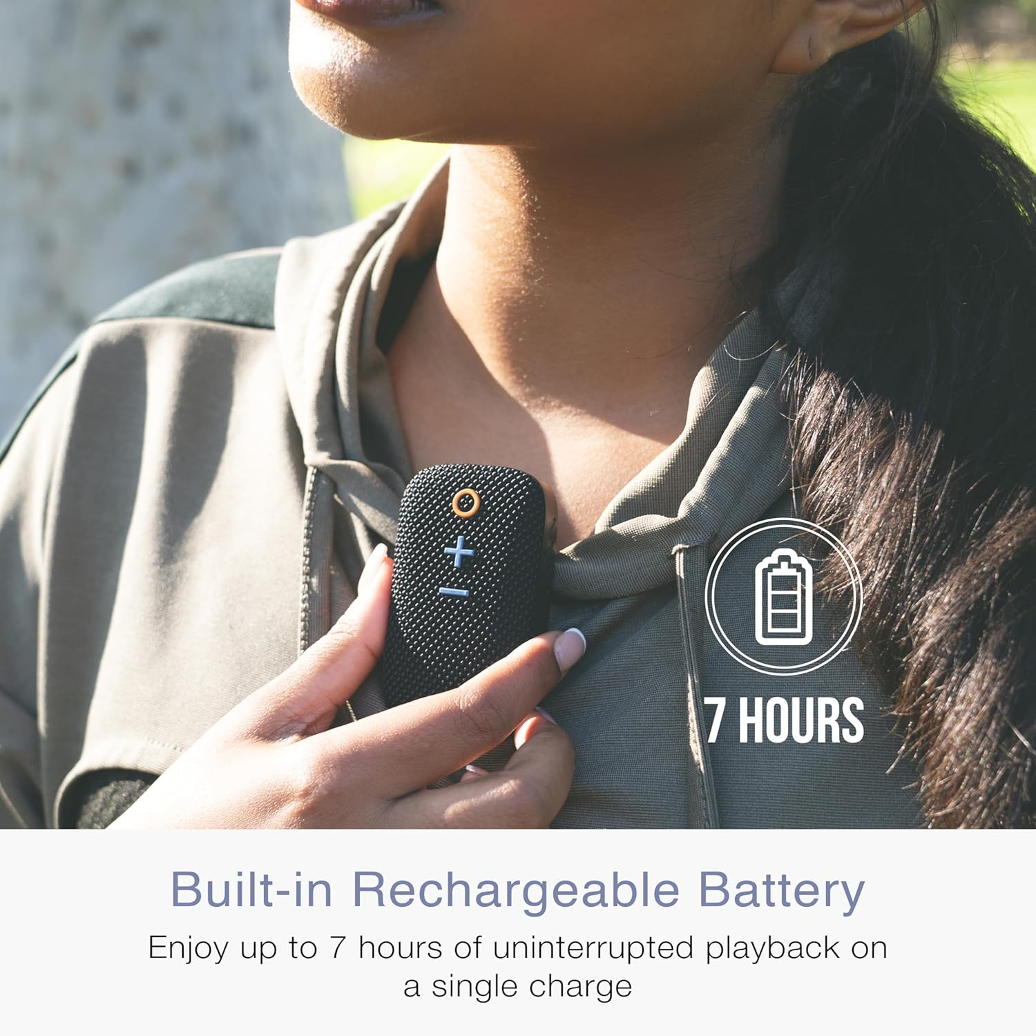 MEE Audio Gospkr Small Wearable Clip-On Bluetooth Speaker with IPX5 Water Resistance, Built-In Speakerphone with Microphone for Hands-Free Calls, Compact Design, Can Connect up to 2 in Stereo (Black) image number 4