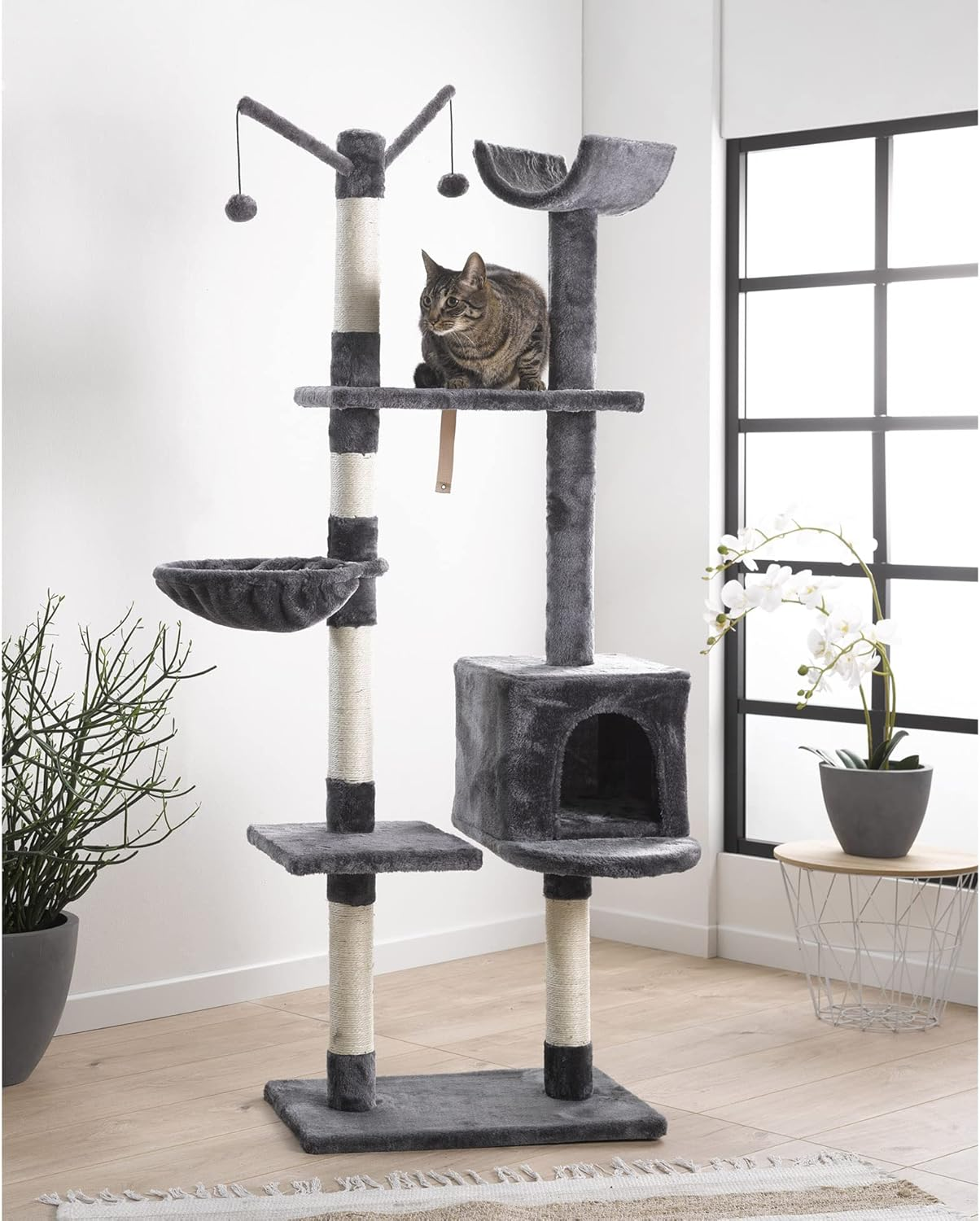 Love Story, Cat Scratching Post with 4 Platforms and Toys, Height 160 Cm, Anthracite image number 1