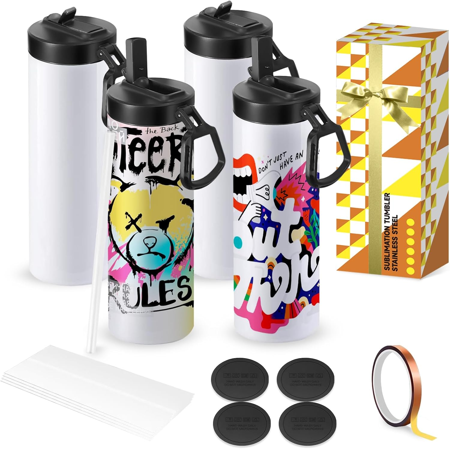 Sublimation Blank Tumbler, 4 Pack, 20Oz Sports Wide Mouth Stainless Steel Water Bottle, Vacuum Flask with Portable Handle and Straw for Press Machine Sublimation Print (Tumbler 24Pcs)