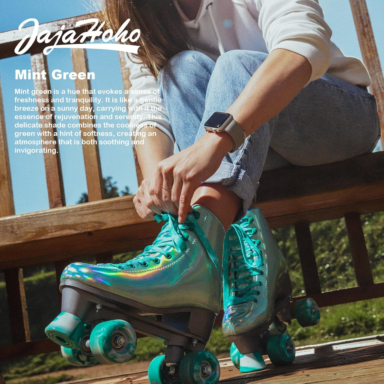 Jajahoho Roller Skates for Women, Mint Green Holographic High Top Faux Leather Rollerskates, Shiny Double-Row Four Wheels Quad Skates for Girls and Age 8-50 Indoor Outdoor image number 5