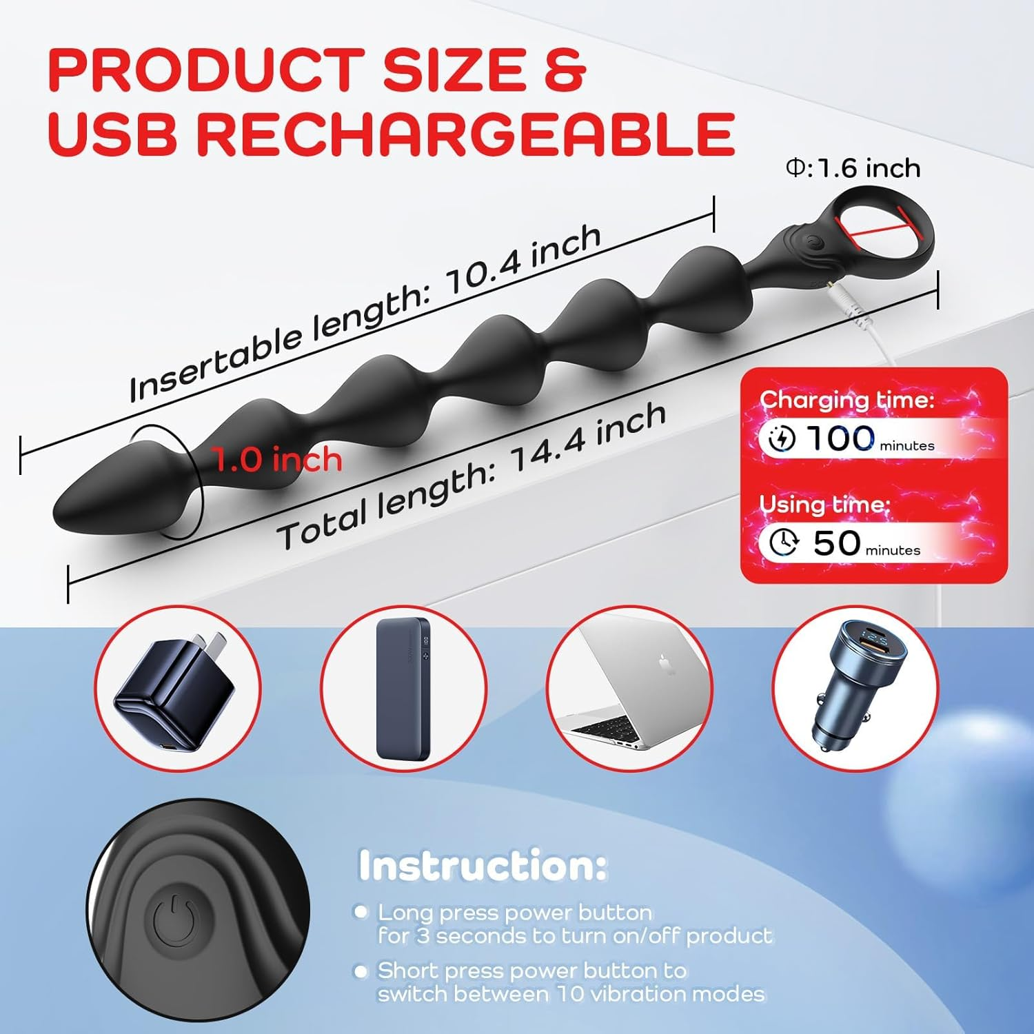 LONZYON Silicone Vibrating Anal Beads,14.4 Inch Ultra-Soft Liquid Anal Vibrator with 10 Vibration Modes Long & Flexible Vibrating Butt Plug Prostate Massager, Anal Sex Toys for Men Women Couples image number 3