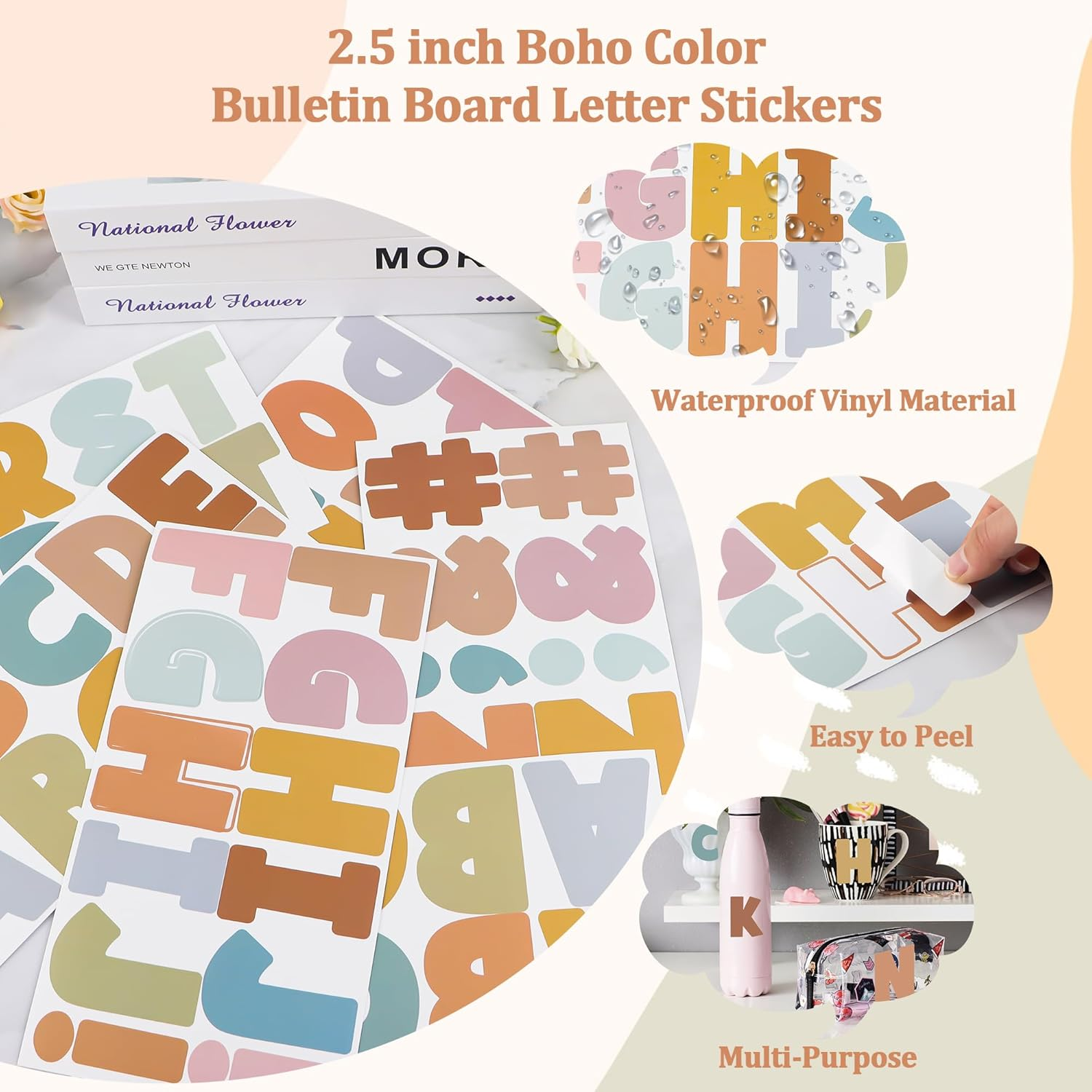 Letter Stickers Bulletin Board Letters 2.5Inch,186 Pcs Large Alphabet ABC Sticker for Classroom Wall Decor,Vinyl Self Adhesive Letters Stickers for Bulletin Board Mailbox Poster Home Window(Boho) - Boho image number 3