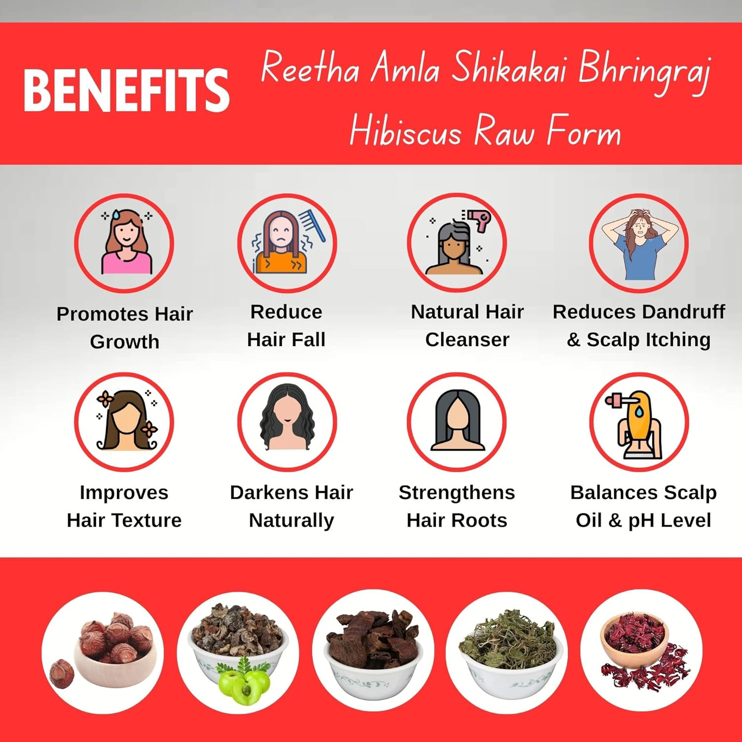 Brijbooti Reetha Amla Shikakai Bhringraj Hibiscus (Raw Form) for Hair 500 Gm (100G Each) image number 5