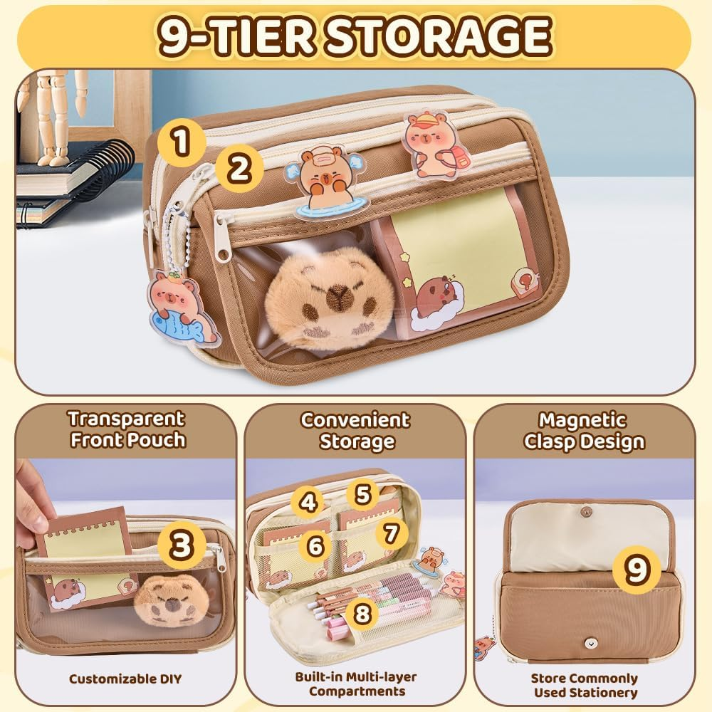 WOTOW Cute Capybara Pencil Case, Large Capacity 9-Compartment Pencil Pouch, Including Plush Brooch, Pendant, Sticker and Clips, Adorable School Supply Gift for Kids Teen Girls Boys Adults image number 2