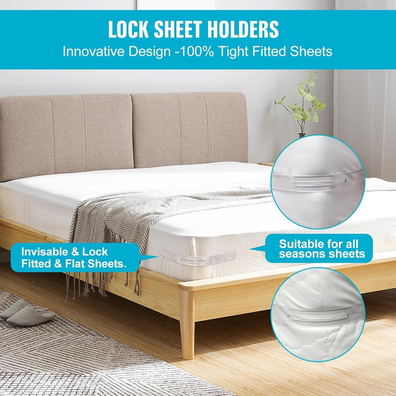 Bed Sheet Holder, Fitted Sheet Holder, Lock Bed Sheet Clips and Fasteners, Sheet & Pillowcase Sets, No More Loose Sheets, Easy Installation (White) - Grey image number 7
