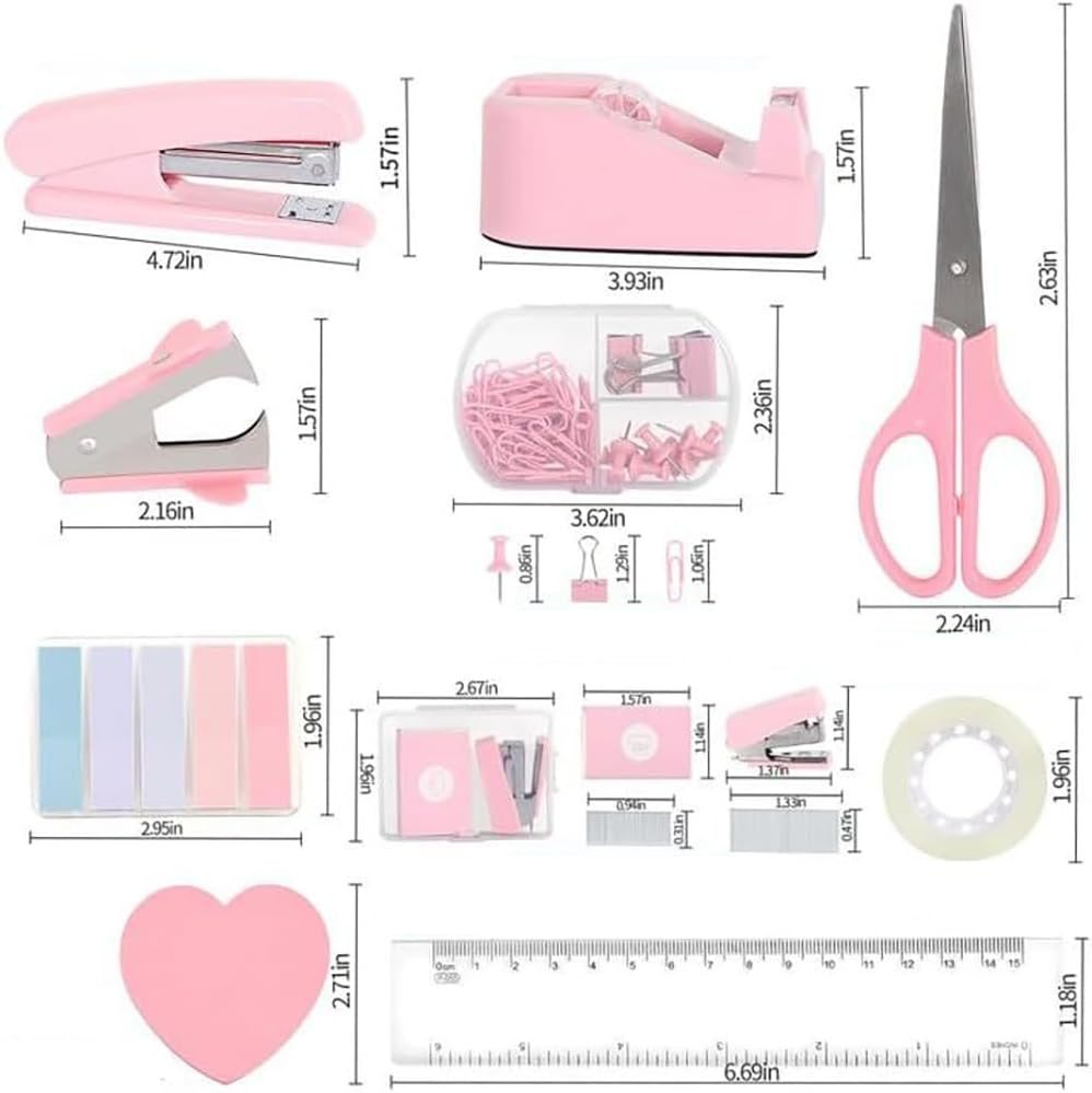 Mini Office Supply Kit, Mini Desktop Office Stationery Includes Stapler, Mini Stapler, Nail Starter, Paper Clips, Dovetail Clips, Tape Cutter, Sticky Notes, Scissors (Pink) image number 1