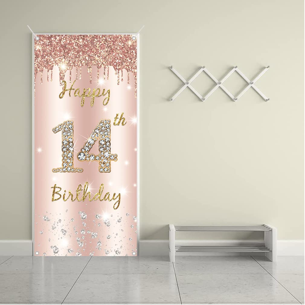 14Th Birthday Decorations for Girl, Happy14Th Birthda Y Backdrop Banner Rosegold Fabric Sign Poster, Girl 14 Years Old Party Supplies Door Banner Welcome Sign, 180 Cm X 90 Cm image number 5