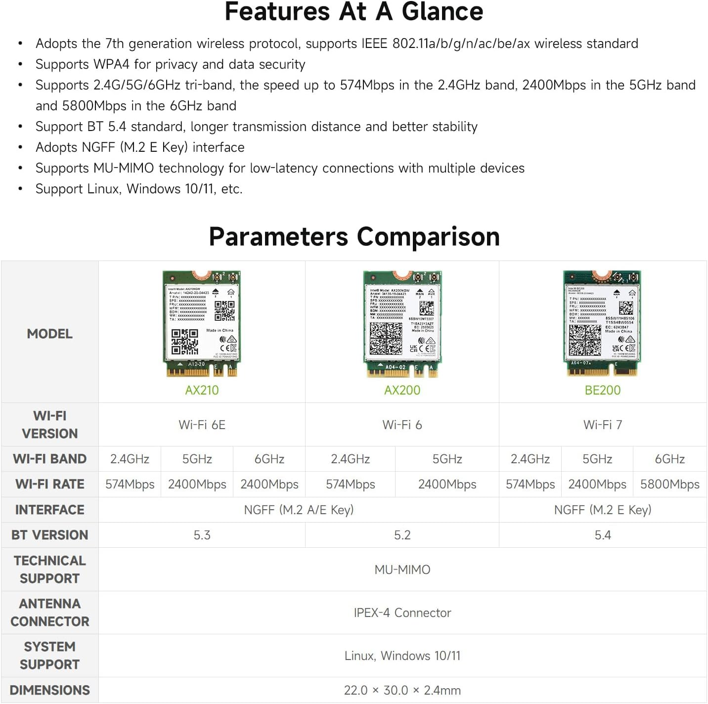Waveshare Wire-Less BE200 NIC, Gigabit Tri-Band W-F 7, IEEE 802.11A/B/G/N/Ac/Be/Ax Standard, BLT 5.4 image number 6