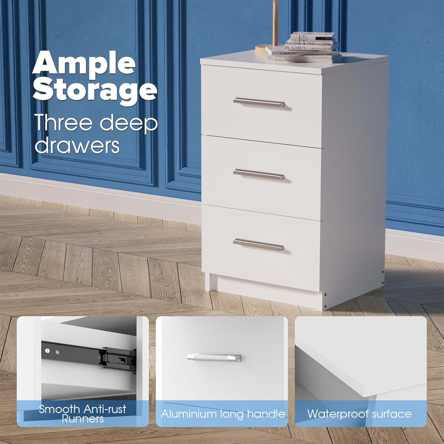 Ufurniture Bedside Table 3 Drawers Side Table Nightstand for Bedroom Living Room White image number 3