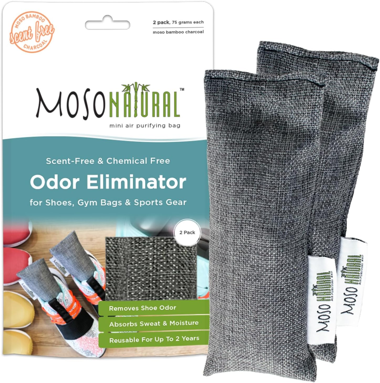 Moso Natural Shoe Deodorizer Insert | Charcoal Odor Absorber for Shoes, Boots, Gym Bag | Unscented Shoe Odor Eliminator | Air Purifying Bags (Two per Pack) image number 4