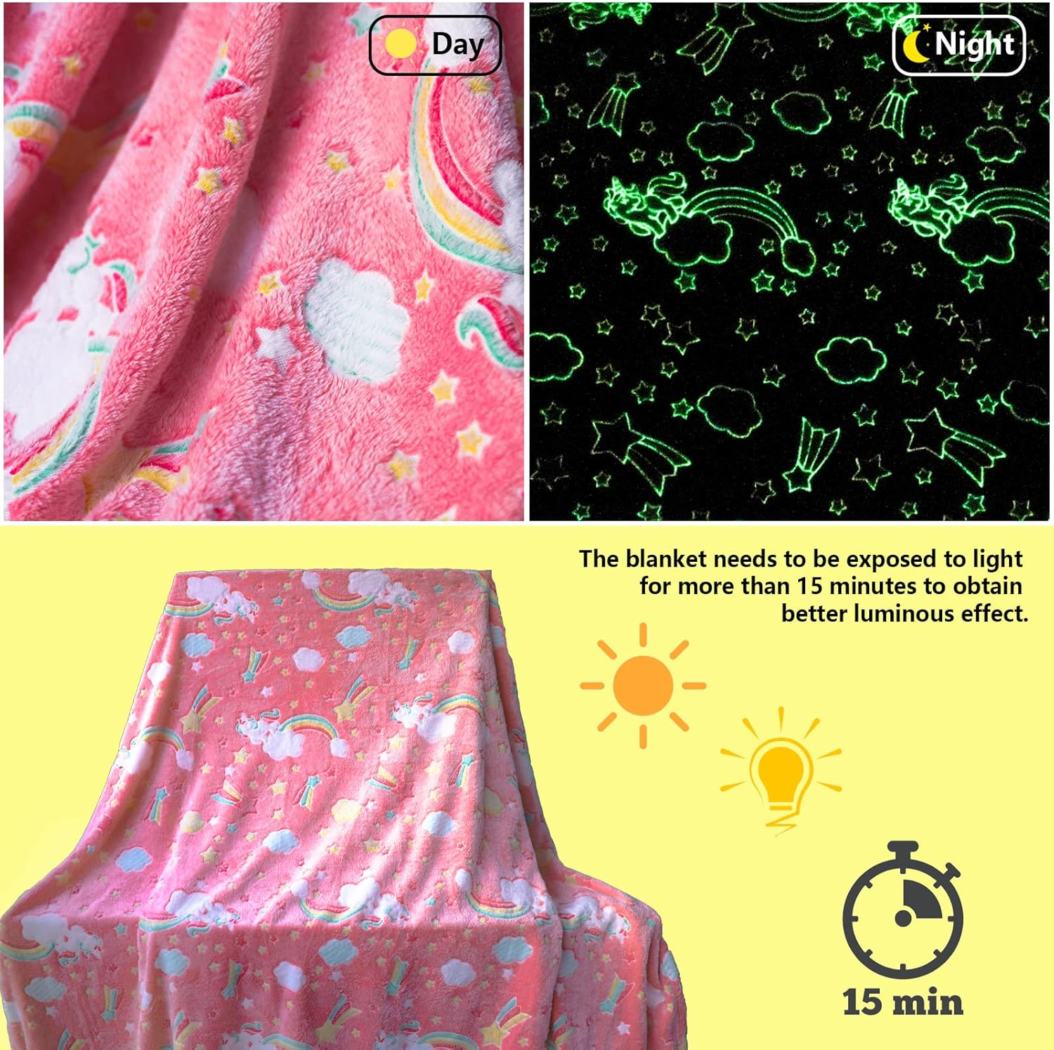 Best Gift Glow in the Dark Rainbow Throw Blanket with Storage Bag, Soft Throw Blanket for Girls Boys, Gifts for Christmas Birthday Valentines, Kids Blanket, Home Travel Use, 50"X60" Red image number 2