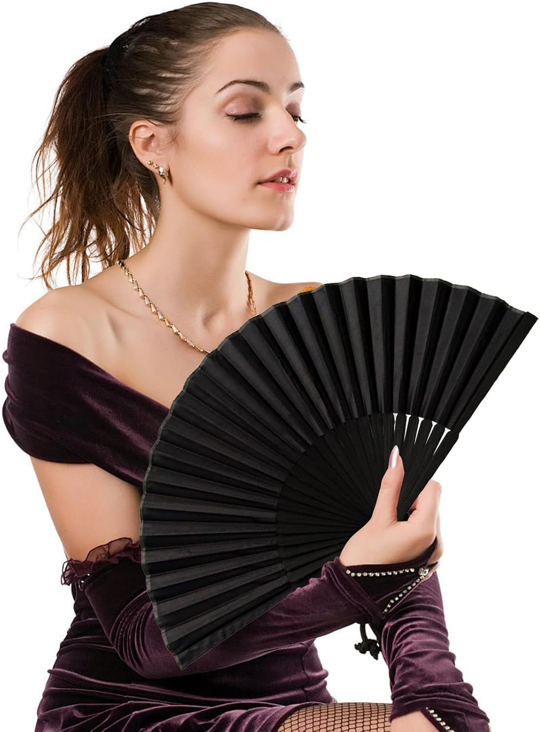 2 Pcs Hand Fan Folding,Chinese Bamboo+Silk Fabric Handheld Fan,Black Vintage Folding Hand Fan for Women/Men,For Dancing Performance,Cosplay,Wedding,Festival Party,Home Decorations, Birthday Gifts image number 5