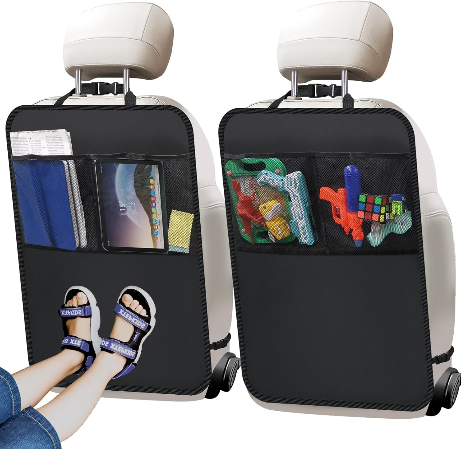 2 Pack Kick Mat Car Seat Protector for Kids &ndash; Backseat Cover with 2-Pocket Car Organizer for SUV, Truck & Minivan | Durable Car Seat Back Protectors & Storage Organizer