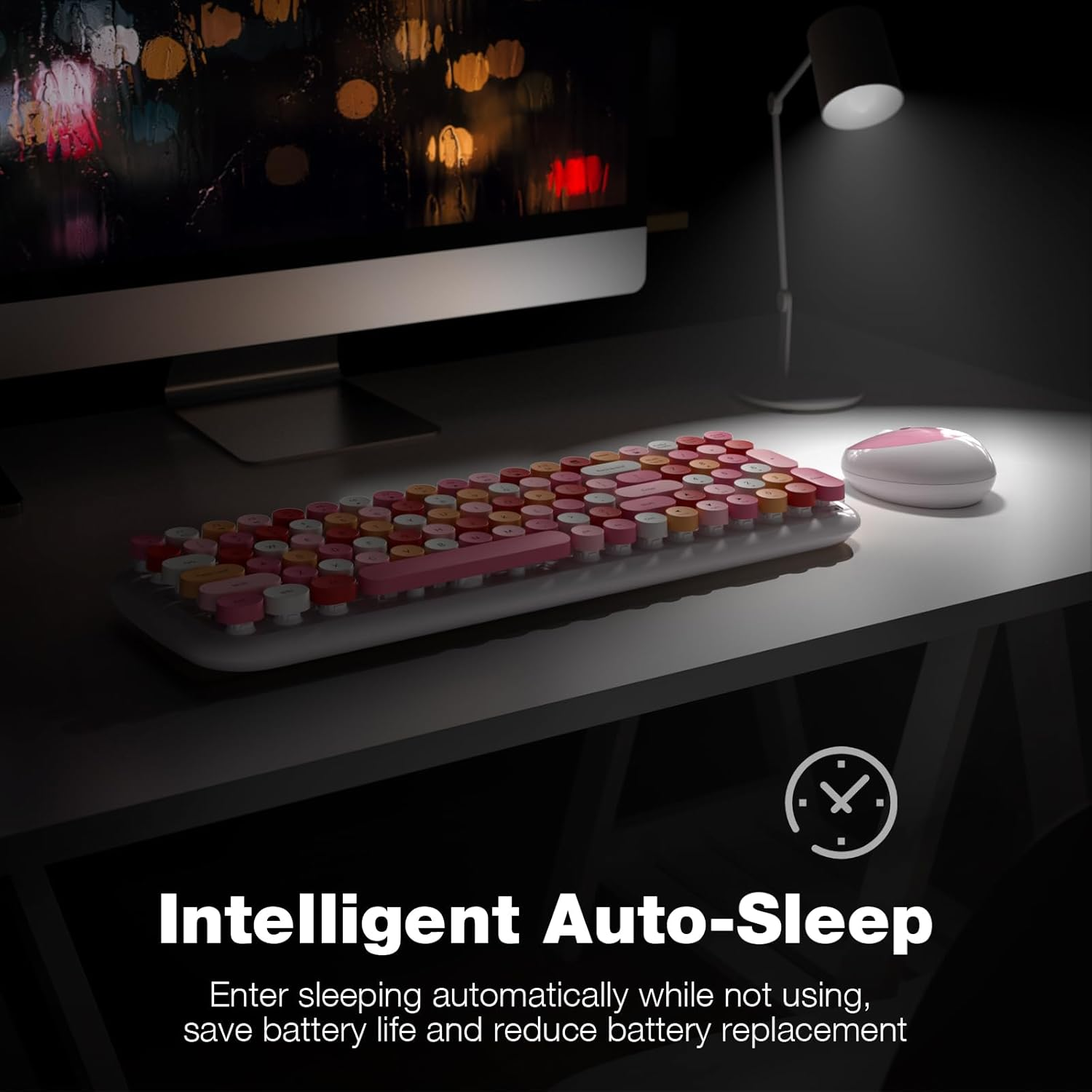 MOFII Wireless Keyboard and Mouse Combo, Full-Size Retro Typewriter-Style Wireless Keyboard with Optical Mouse for Computer/Laptop/Windows/Mac (White Colorful) - Milk Tea Colorful-B image number 2