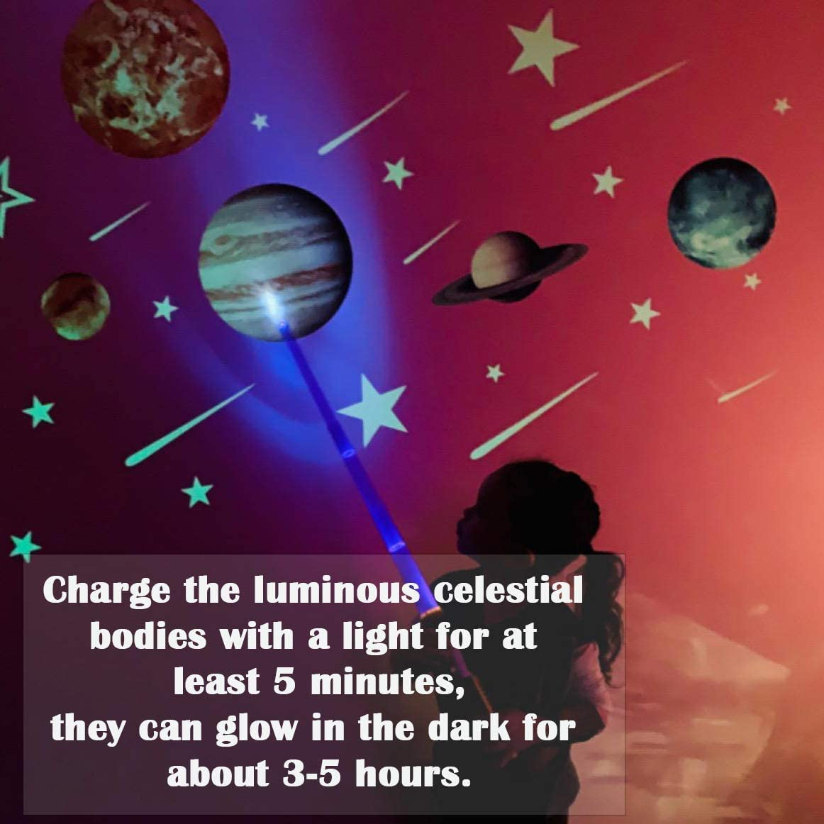 Glow in the Dark Stars and Planets, Bright Solar System Wall Stickers -Sun Earth Mars,Stars,Shooting Stars and so On,9 Glowing Ceiling Decals for Bedroom Living Room,Shining Space Decoration for Kids image number 1