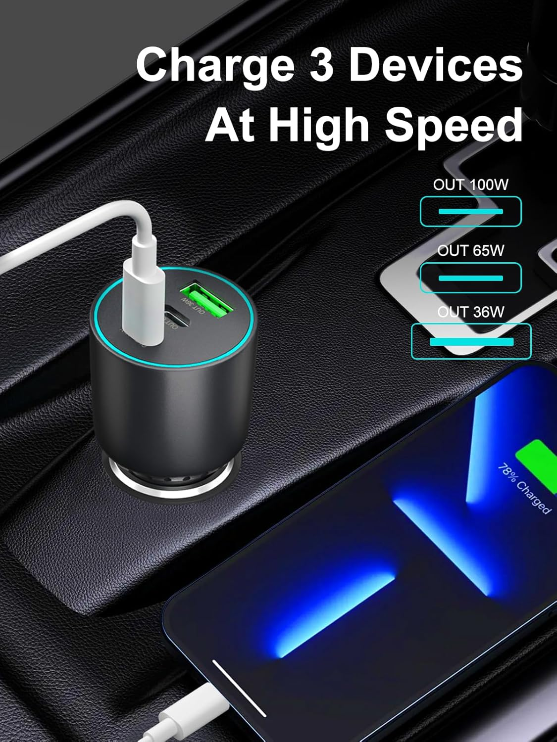 165W USB C Car Charger Fast Charging, 3 Ports Cigarette Lighter Adapter,Pd3.0 PPS 100W 65W,Compatible with Iphone 16 15 14 13, Galaxy S25 S24, Ipad, Macbook,With a 100W USB C Cable image number 2