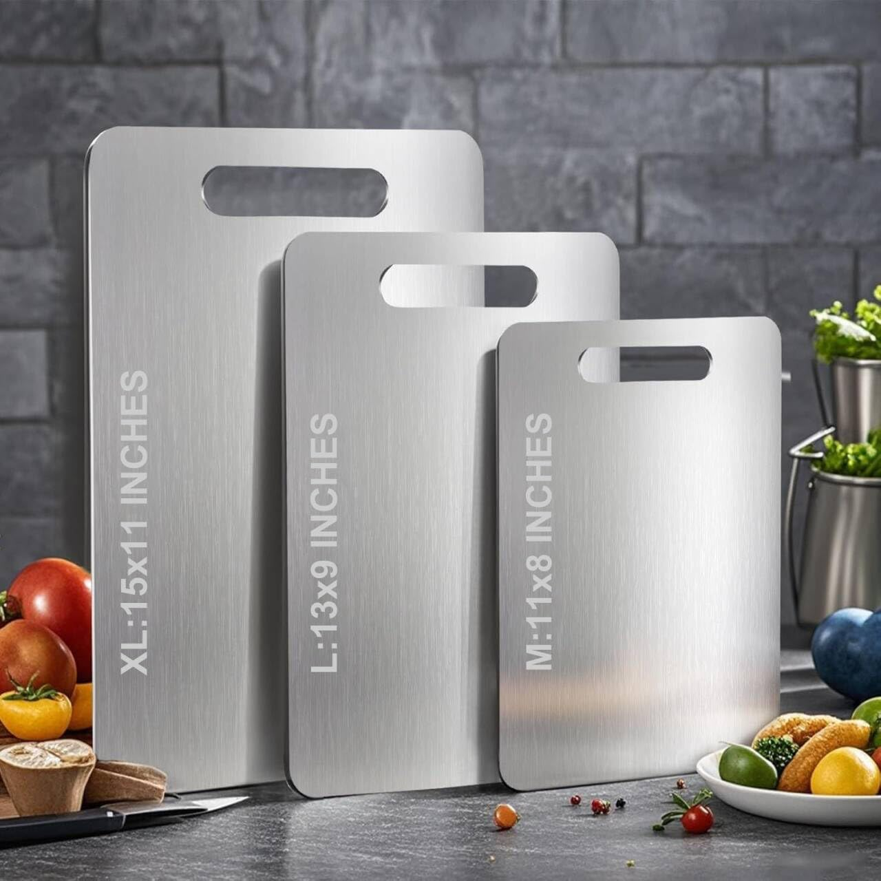 Spardar 3PCS Stainless Steel Chopping Board, Machine-Washable Double-Sided Cutting Board Set, Durable and Scratch-Free, Non-Stick and Easy to Clean, for Cutting Fruits & Veggies, Meat and Seafood image number 4