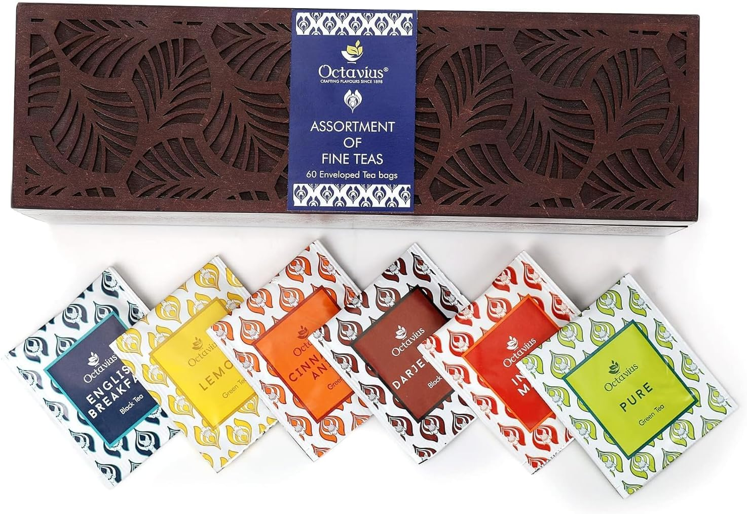 Octavius Assorted Black & Green Tea Sampler Gift Set (6 Flavors, 60 Teabags) | Wooden Tea Box with Leafcut Design | Tea Variety Pack | Gifts for Women & Men | Premium Tea Gift Set