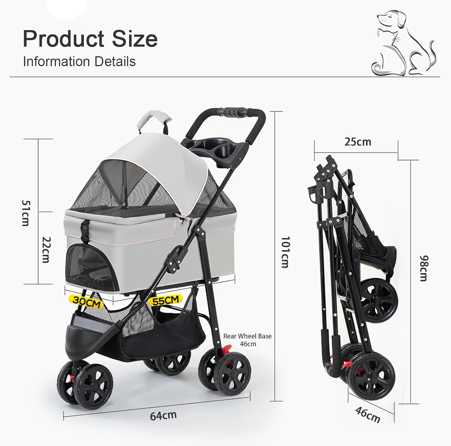 Pet Stroller with Wheels, Dog Stroller for Small Medium Dogs Cats, Portable Cat Stroller with Detachable Carrier, Foldable Dog Cat Jogger Stroller, Large Pet Travel Carrier with Cup Holder (Grey) - Grey image number 5