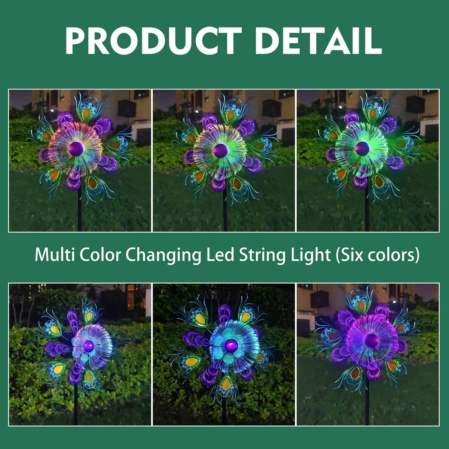 Solar Peacock Wind Spinners for Yard and Garden, 40 Inch Solar Windmill Garden Whirligig Kinetic Spinners Decor for Lawn,Patio&Yard, Metal Whirligigs Green Wind Spinners Outdoor image number 2