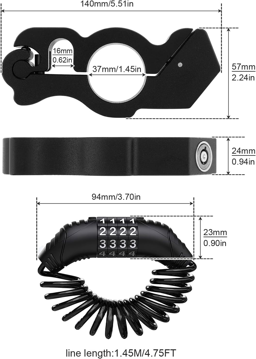 Windance Motorcycle anti Theft Lock, Heavy Duty Handlebar Grip Brake + Helmet Lock Cable with Combination + Storage Bag for Motorbike ATV Moped Scooter (Black+Black) - Black+Black image number 2