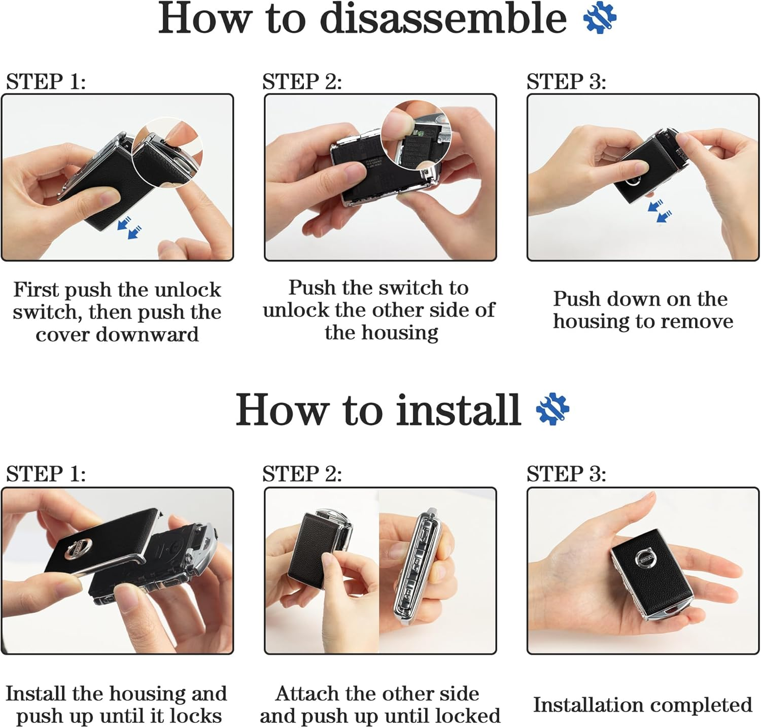 Car Key Case Fob Cover for Volvo XC90, XC60, XC40, S60, S90, V90, Polestar 1, Polestar 2, Polestar 3 Top Layer Cow Leather (Black) image number 5