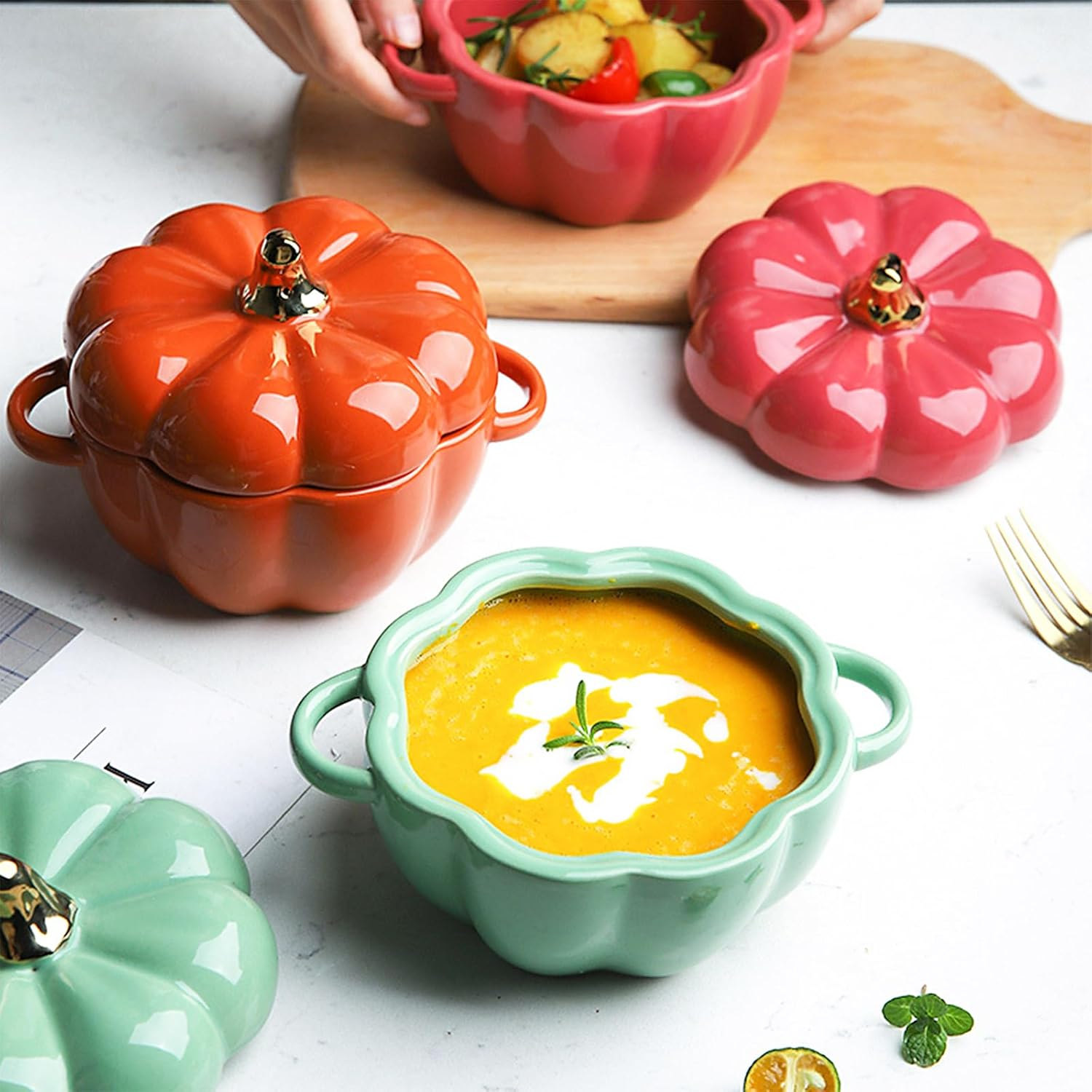 Dutch Oven Pot with Lid, Pumpkin Pottery Dessert Saucepan, Mini Baking Dish Cute Bowl, Covered Ceramic Stockpot, Pumpkin-Shaped Casserole (Orange) - Orange image number 2