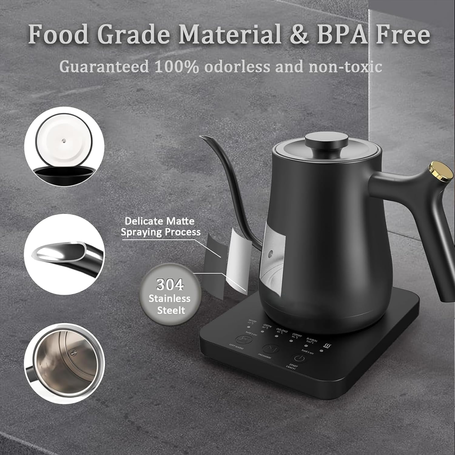 Electric Gooseneck Kettle, 5 Variable Precise Temperature Control, 2H Keep Warm, Stainless Steel Inner, Quick Heating, for Pour over Coffee, Brew Tea, Boil Hot Water, Boil-Dry Protection, 0.8L, Black image number 6