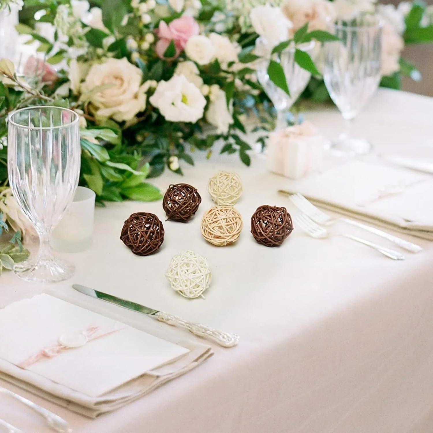 [15 Pcs Natural Wicker Rattan Balls] Bowl & Vase Fillers | Decorative Orbs for Wedding, Home, Farmhouse Centerpieces | Handmade Splinter-Free Bird Chew Toys (White/Beige/Coffee) image number 1