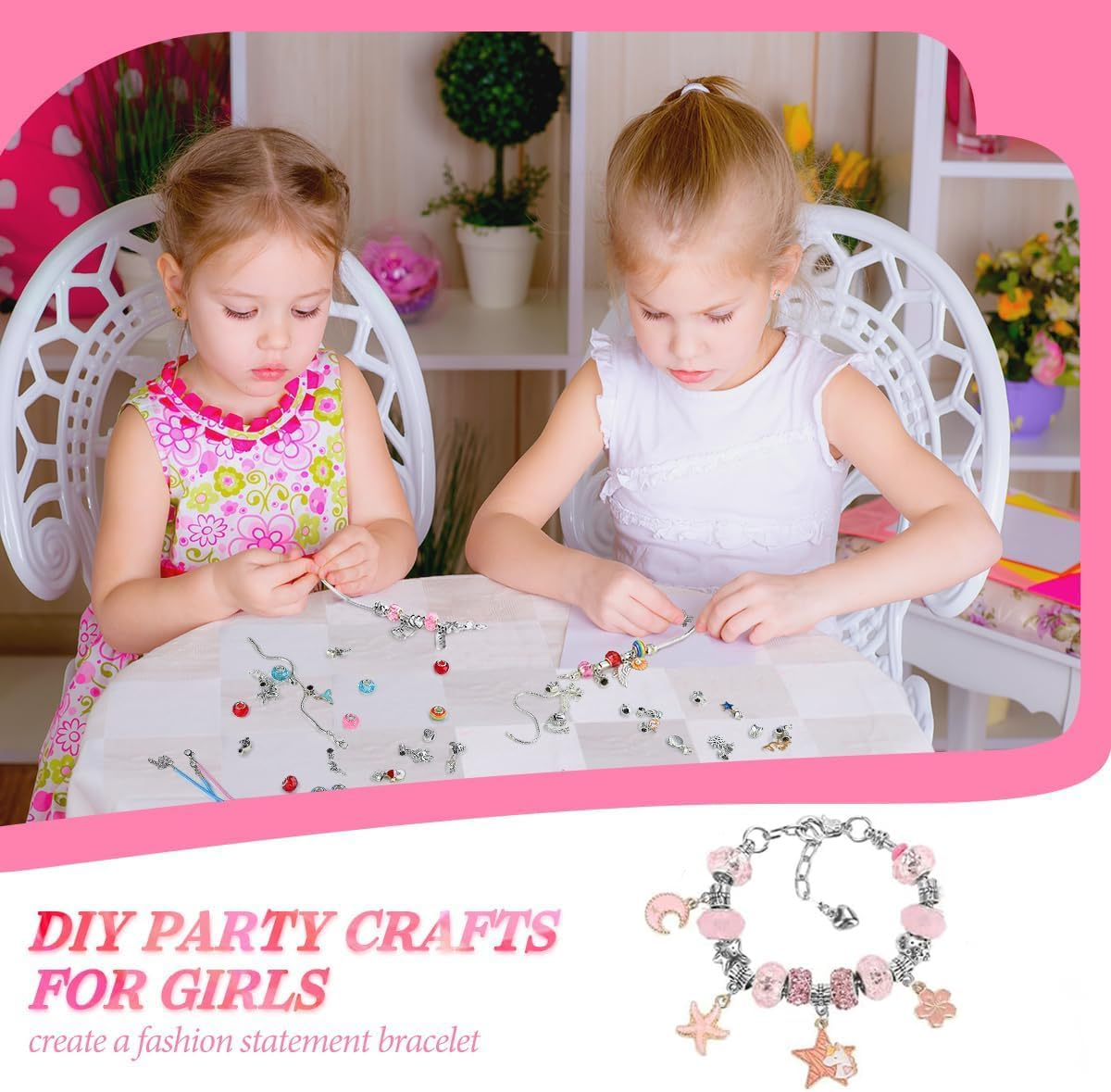 Charm Bracelet Making Kit for Girls, 68Pcs Charm Bracelets Kit with Jewelry Box, Jewelry Charms, Bracelets for DIY Craft, Jewelry Gift Adults and Kids, Present for 8-12 Year Old Girl Colorful (Pink) - Pink image number 2